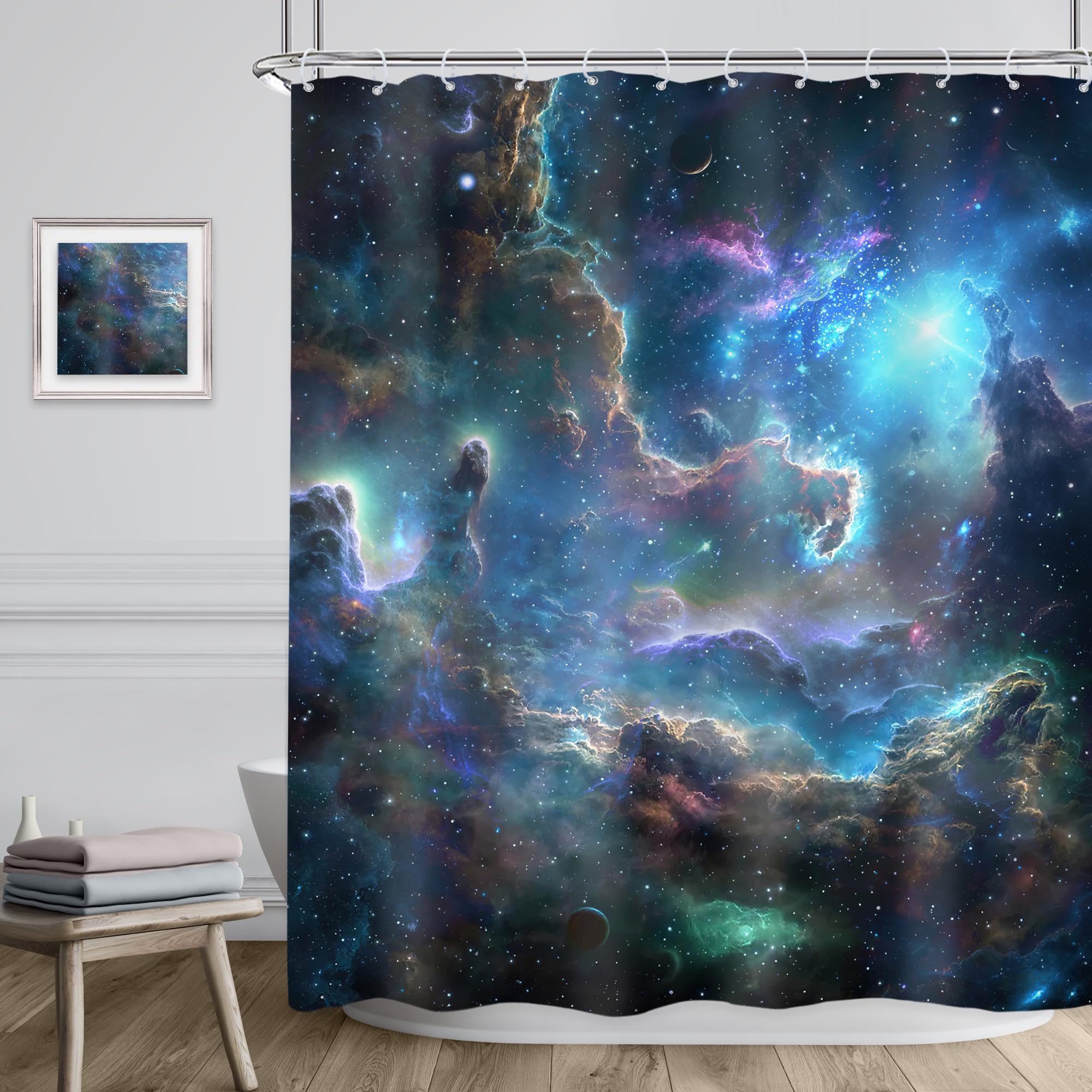 Riyidecor Galaxy Nebula Shower Curtain, 60"x72", Polyester, Waterproof, Kids Bathroom Decor, Model RYD-HRFXJ-73262