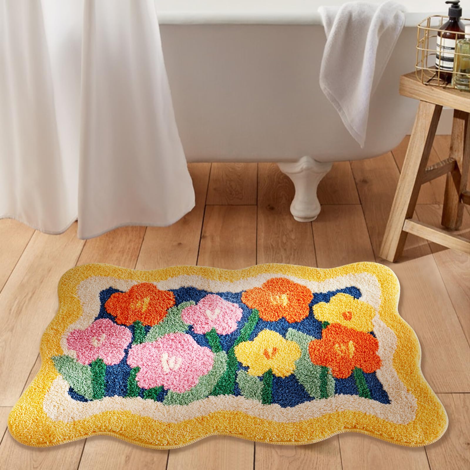 Aldopein Boho Floral Bath Mat 16''W X 24''L Non Slip Washable Cute Colorful Flower Daisy Bathroom Rug Water Absorbent, Vibrant F