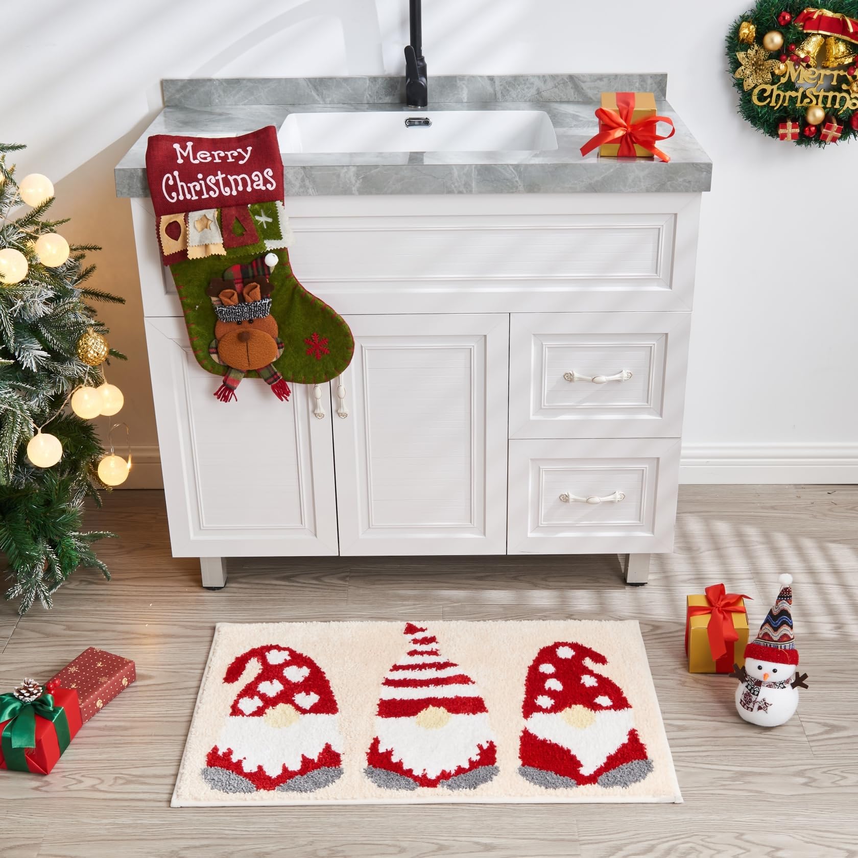 Douceur Christmas Gnome Bathroom Rugs, Cute Beige Bath Mat, Christmas Bathroom D Cor Non Slip Bath Rugs, Soft And Absorbent Wash