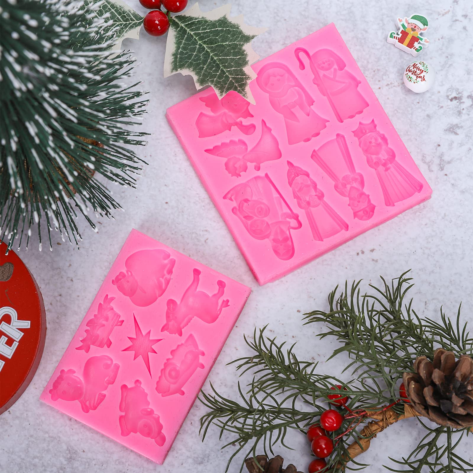 Whaline 2Pcs Christmas Fondant Molds Nativity Silicone Moulds Night of Birth Resin Baking Molds Jesus' Birth Theme Cake Decorating Molds for Xmas Handmade DIY Candy Chocolate Cookie Sugarcraft
