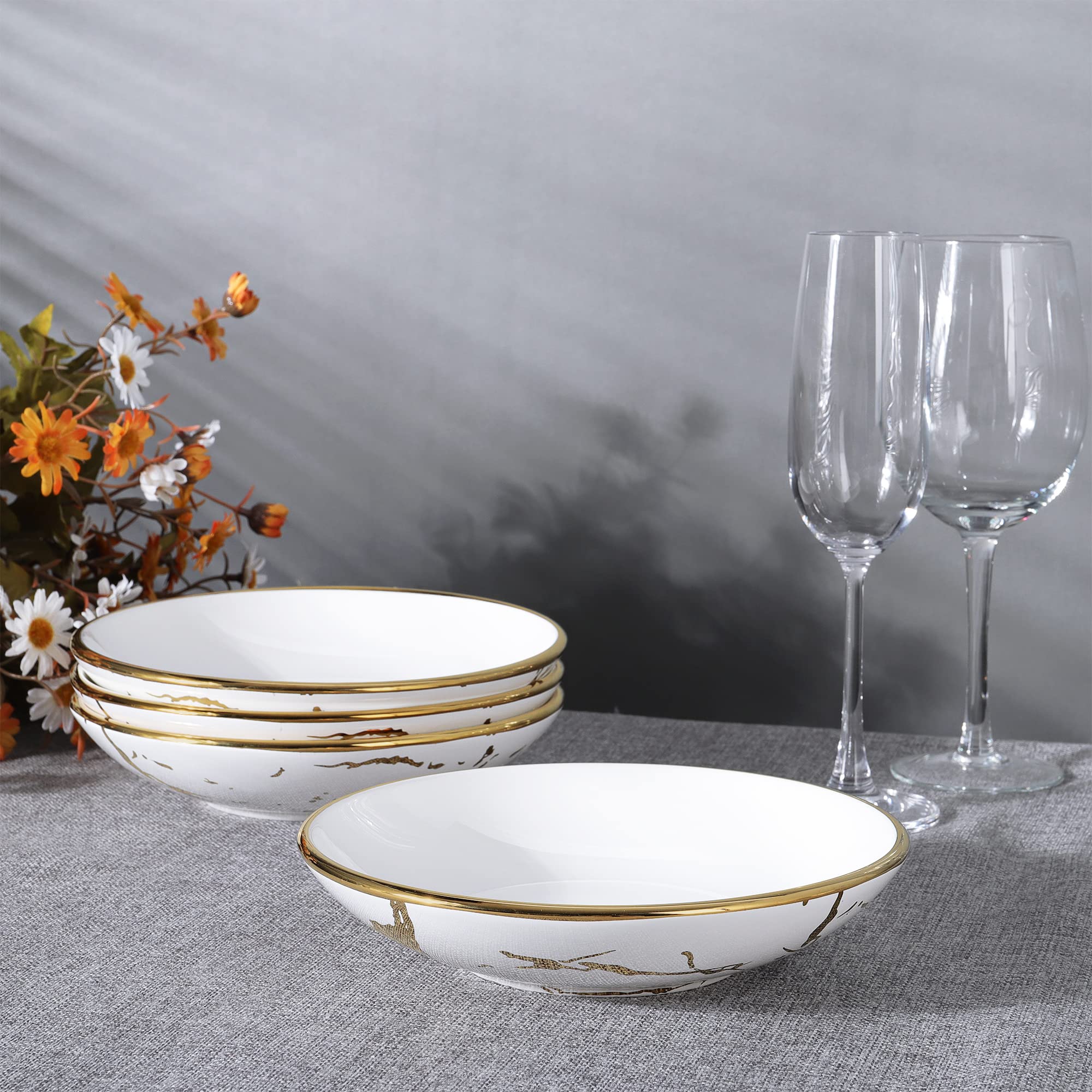 Fanquare Porcelain Pasta Bowls Set Of 4, Gold Marble Serving Bowl 16Oz, Ramen Bowl For Soup, Salad, Dessert, 7 Inch