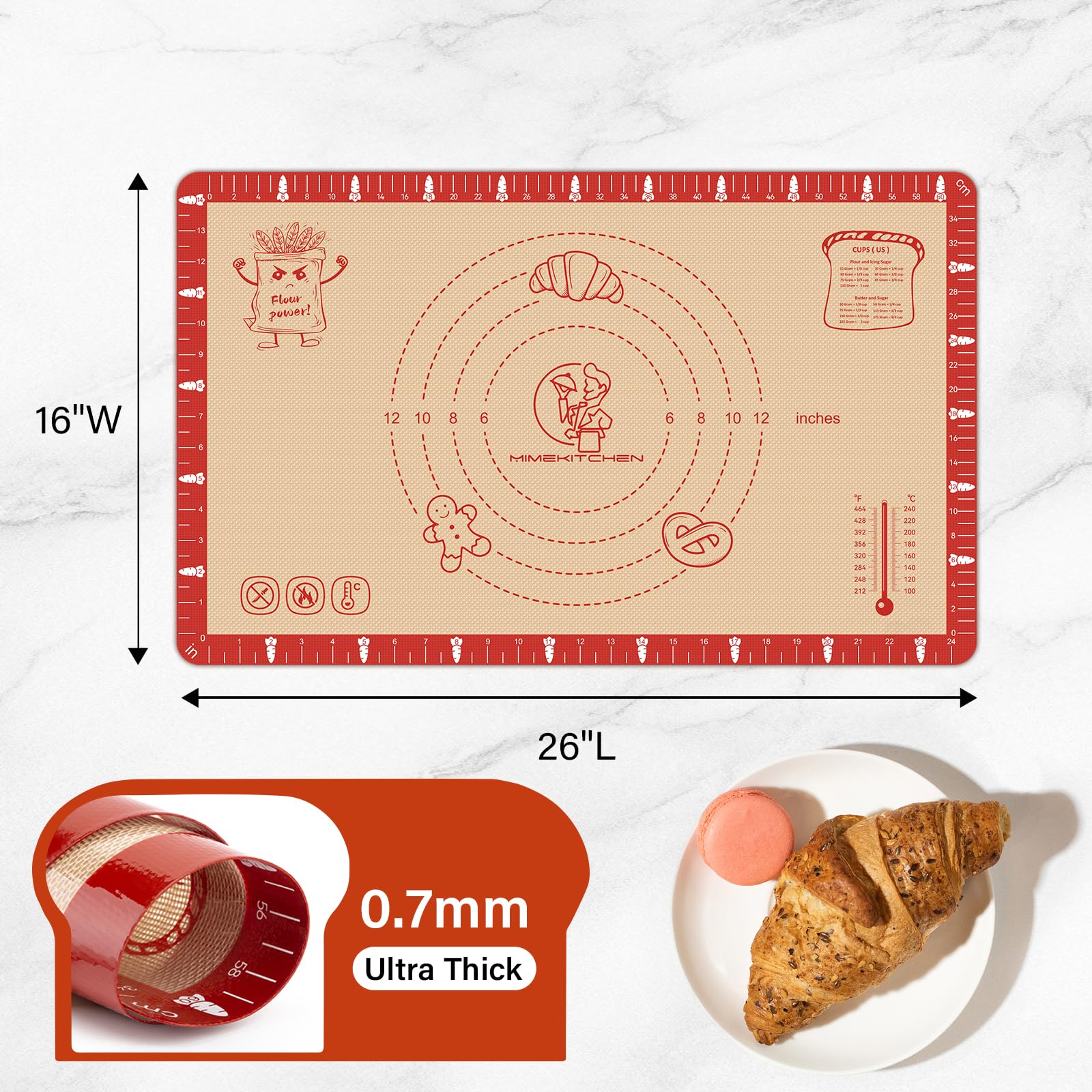 Extra Thick Silicone Baking Mat with Recipes - 26x16 inch Non Stick Pastry Mat with Measurements for Sourdough, Macarons, Bread,