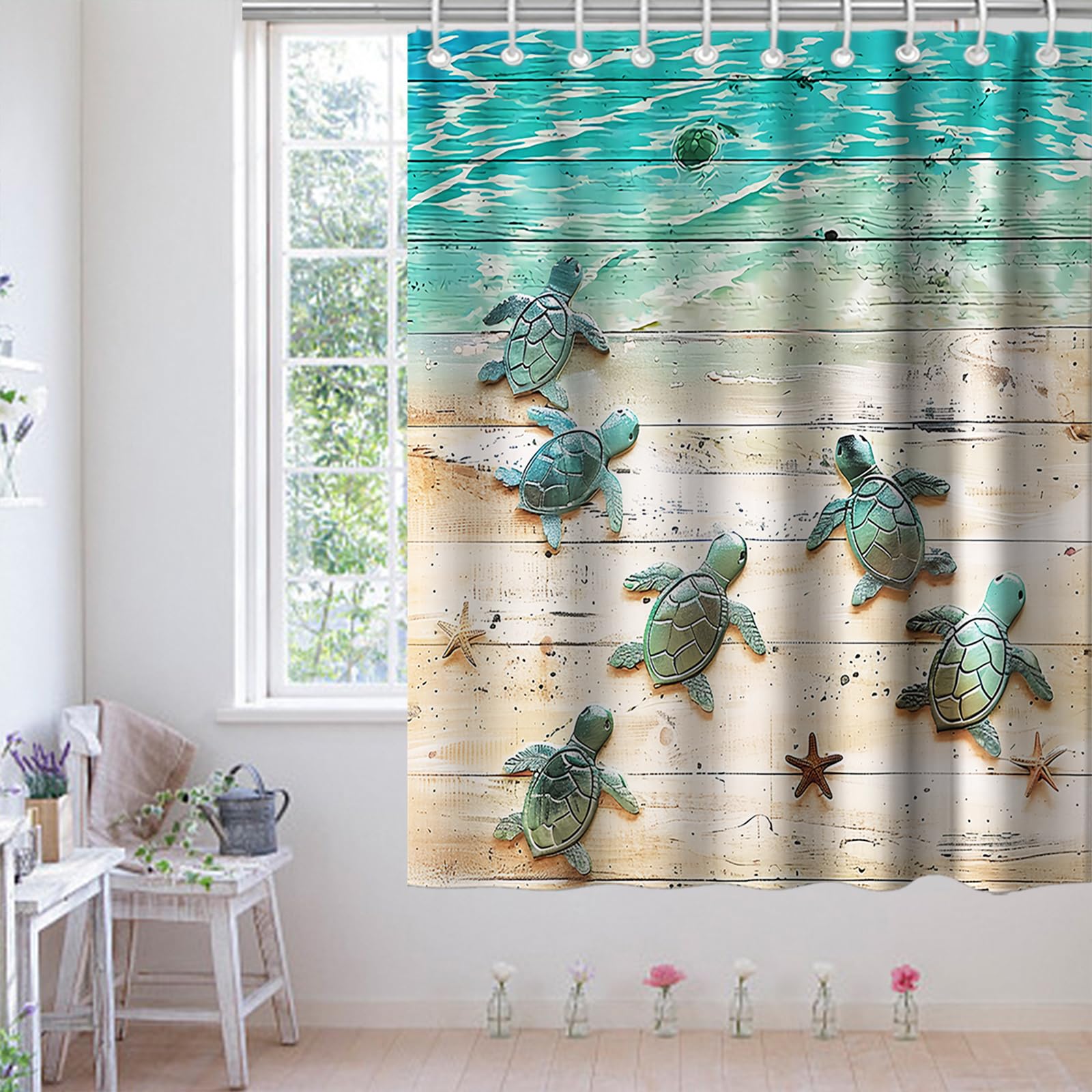 Final Friday Green Beach Sea Turtle Shower Curtain Nautical Teal Theme Fabric Bathroom Ocean Blue Decor With Grommets And Hooks