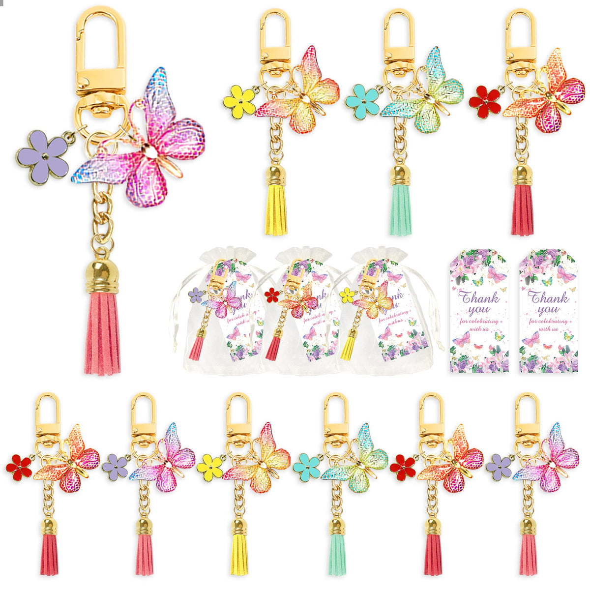 12 Sets Butterfly Party Favors Tassel Keychain Fairy Party Decorations With Laser Butterfly Flower Gauze Bag Thank You Cards For