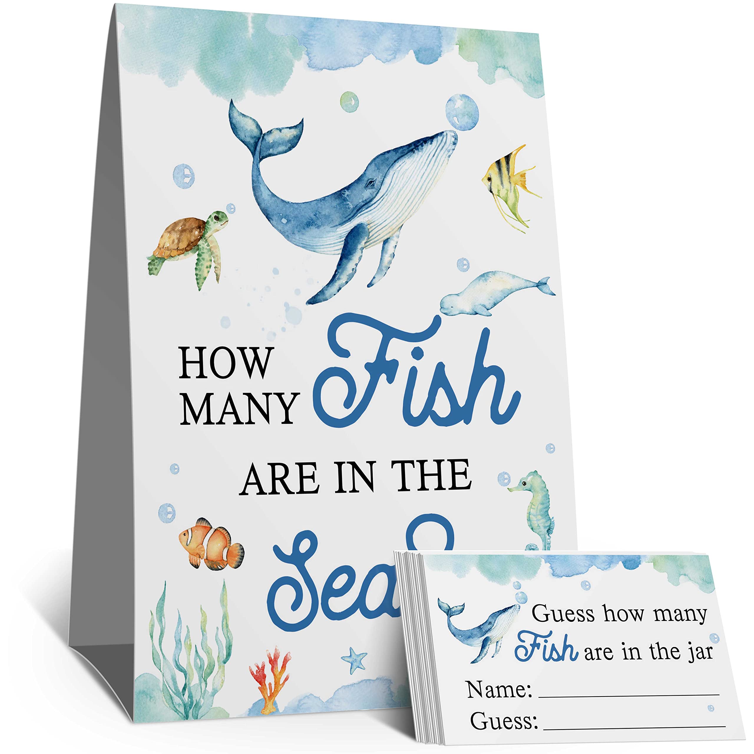 Guess How Many Fish In The Sea Mermaid Party Game ,How Many Candy Sharks Game, Watercolor Ocean Themed Baby Showers Decorations