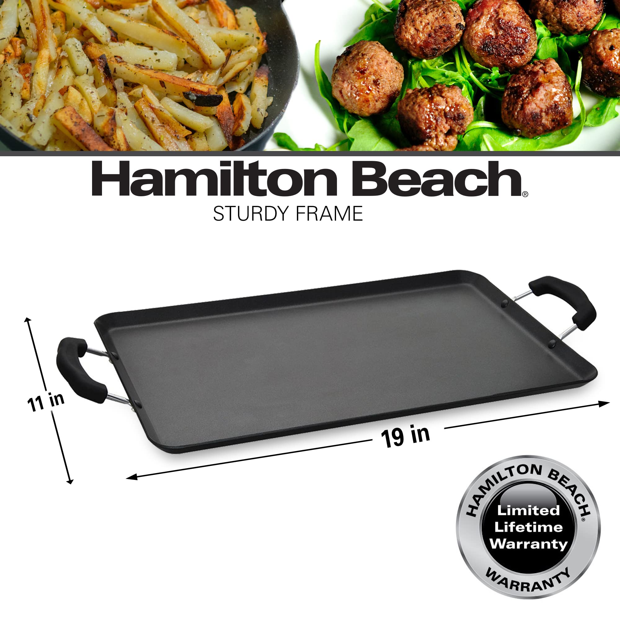 Hamilton Beach Nonstick Double Griddle 19X11-Inch - Black Aluminum Griddle With Soft Touch Bakelite Handle - Flared Edge - Spira