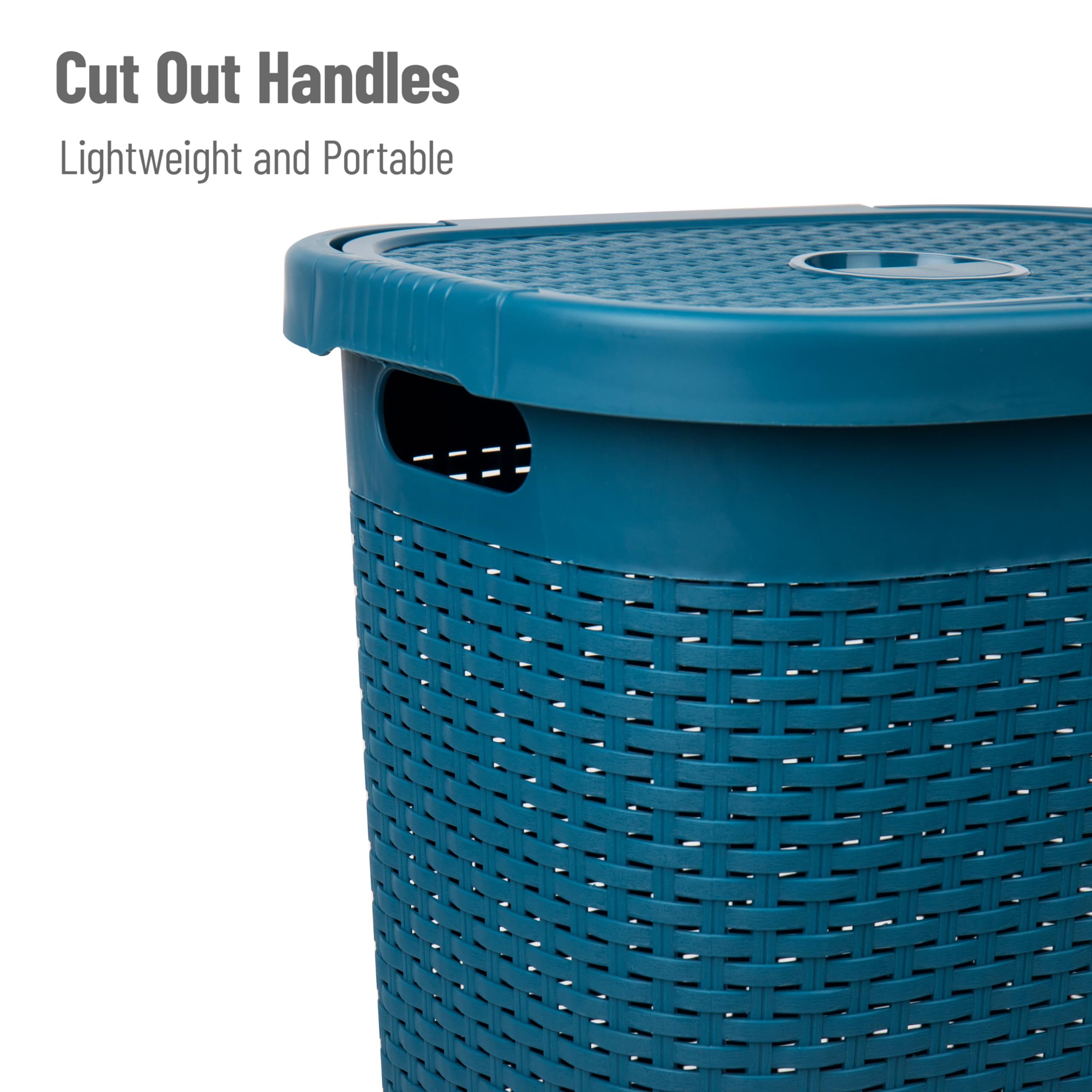 Mind Reader 50L Slim Laundry Hamper, Clothes Basket, Lid, Wicker Design, Plastic, 17.65''L X 13.75''W X 21''H, Blue