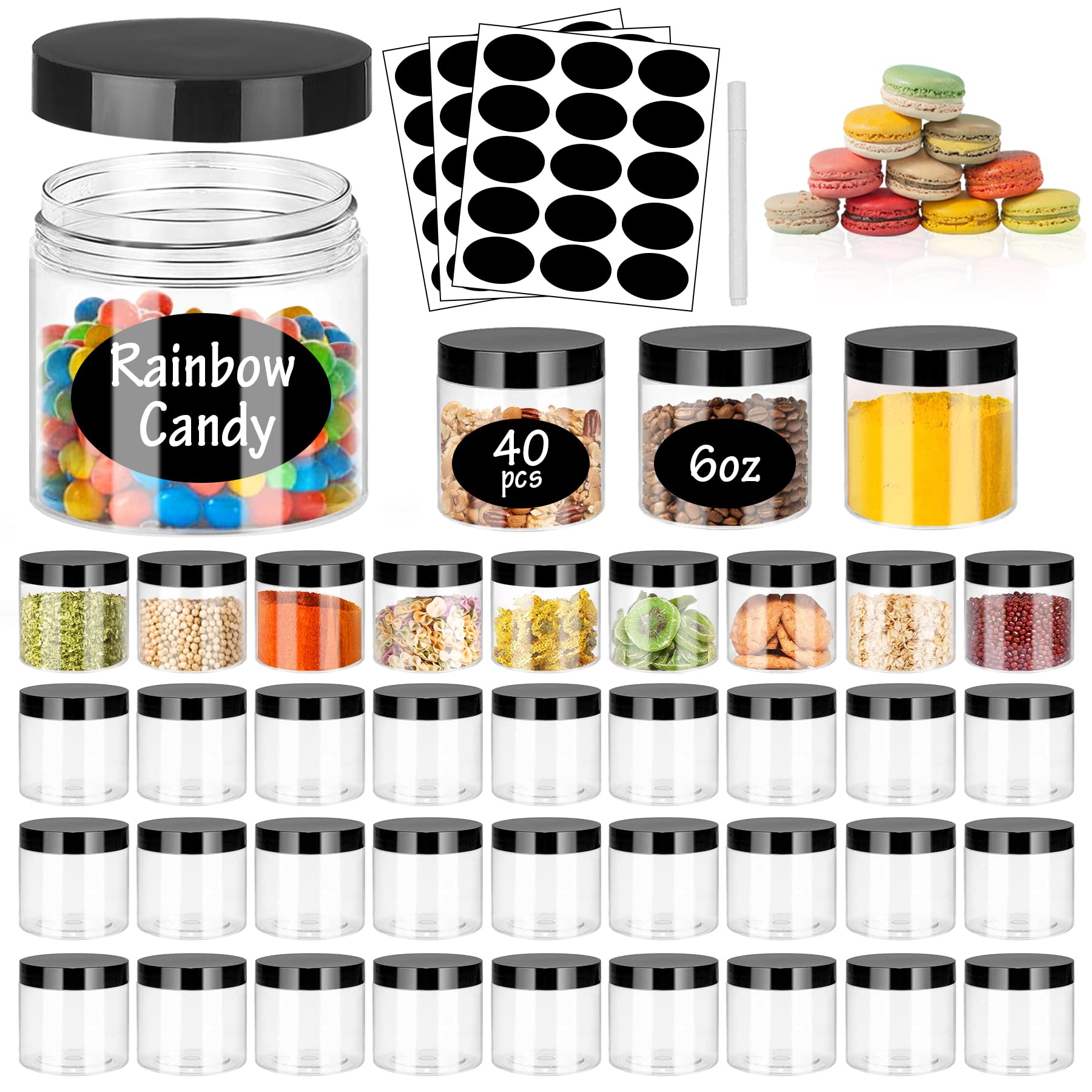 SLifeJars 6OZ Plastic Jars with Black Lids 40Pcs Empty Plastic Pot Jars Round Refillable Clear Slime Containers Jar Airtight Sto