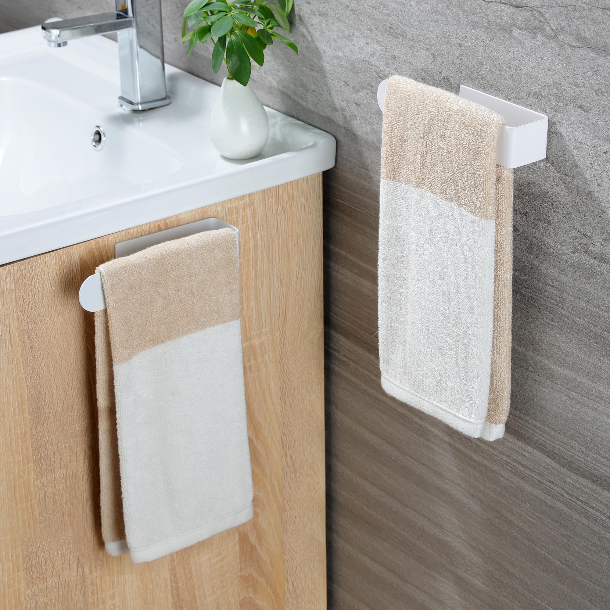 Taozun Adhesive Hand Towel Holder, 2-Pack White Towel Racks For Bathroom And Kitchen, Stainless Steel Hand Towel Bar/Towel Ring