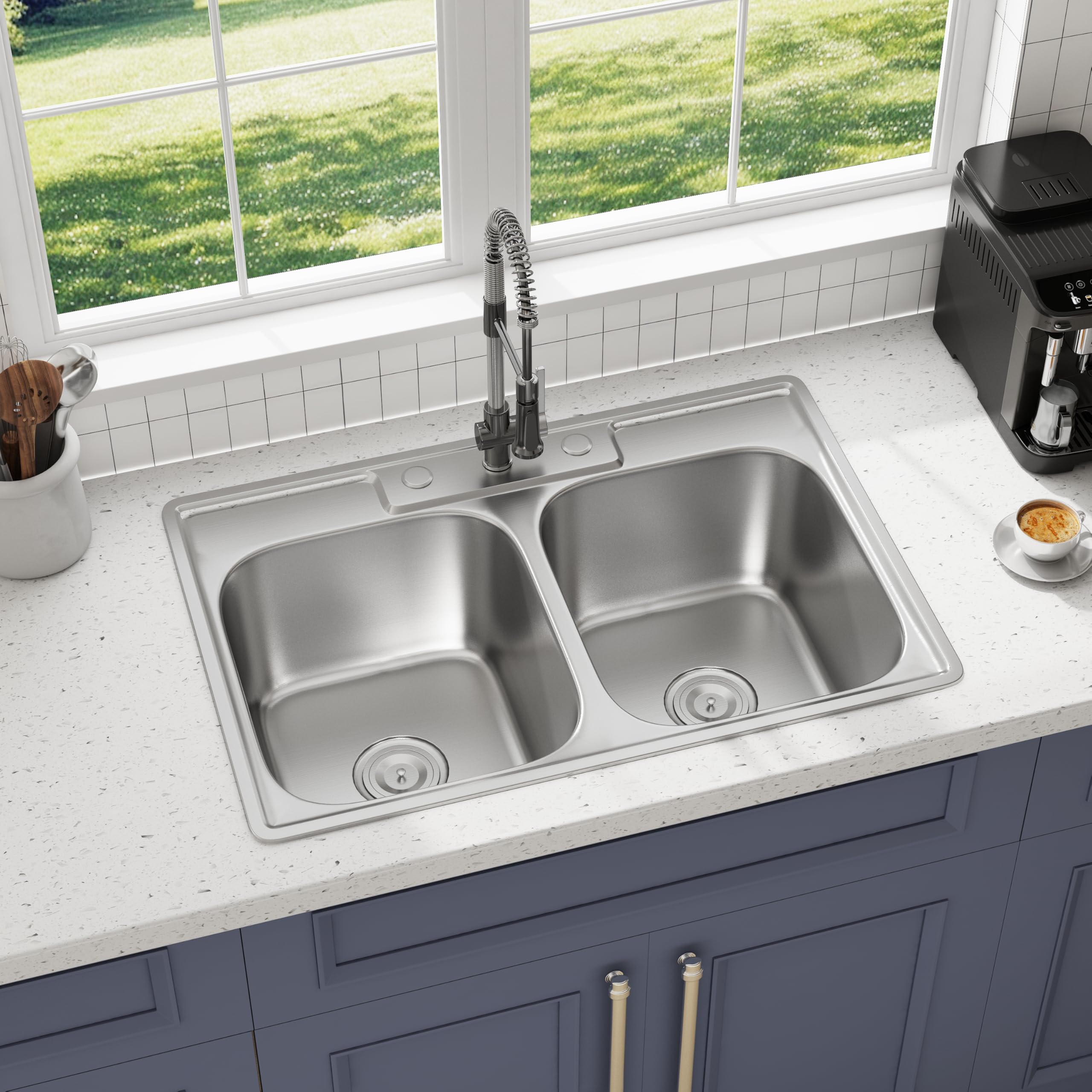 Blenzia 33 Inch Double Bowl Kitchen Sink Topmount 50/50 Drop In 18 Gauge 304 Stainless Steel Sinks With Basket Strainer 33    X