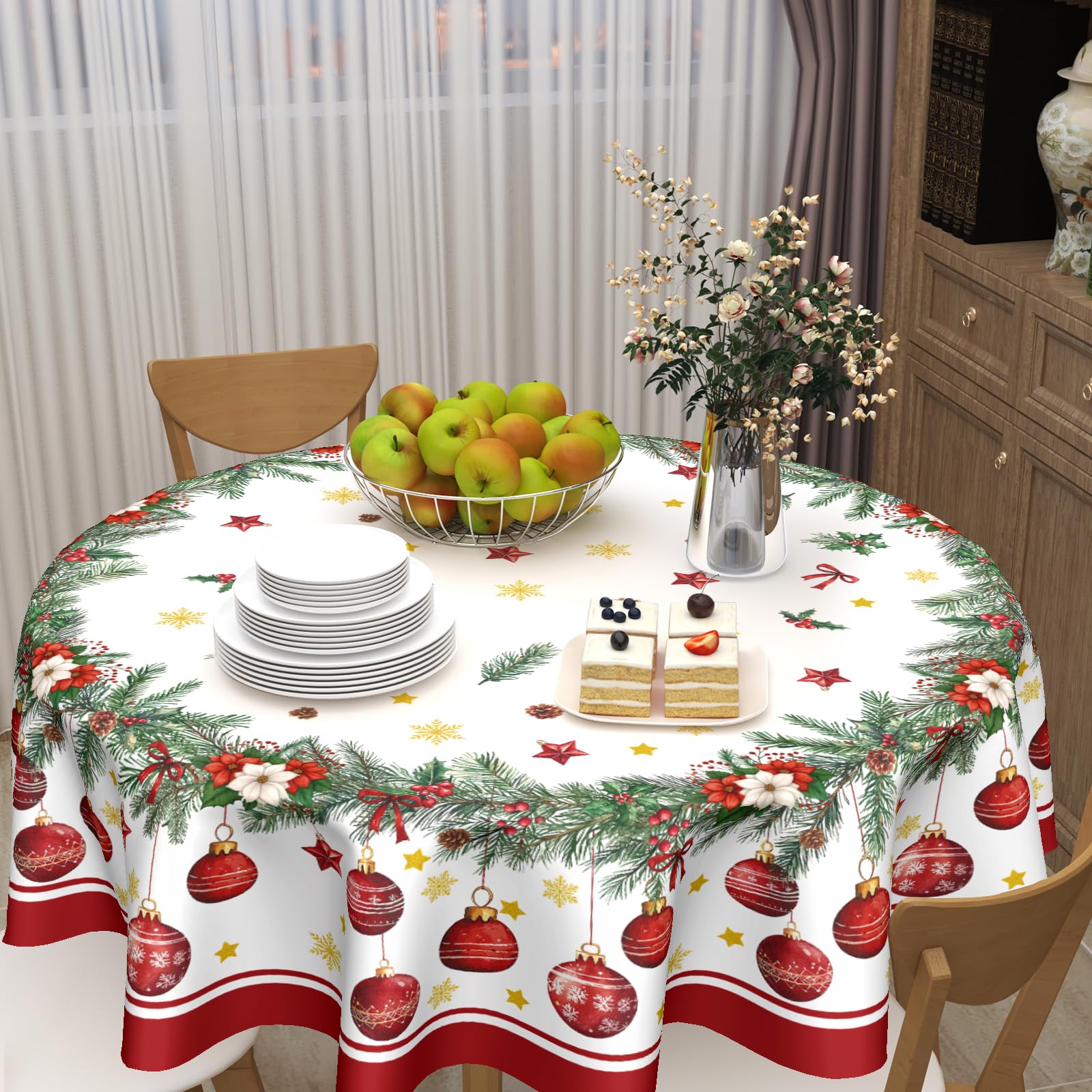 ABSOP Christmas Round Tablecloth 60 Inch Xmas Bells and Snowflake Pattern Table Cloth Circle Winter Holiday Table Cover Washable