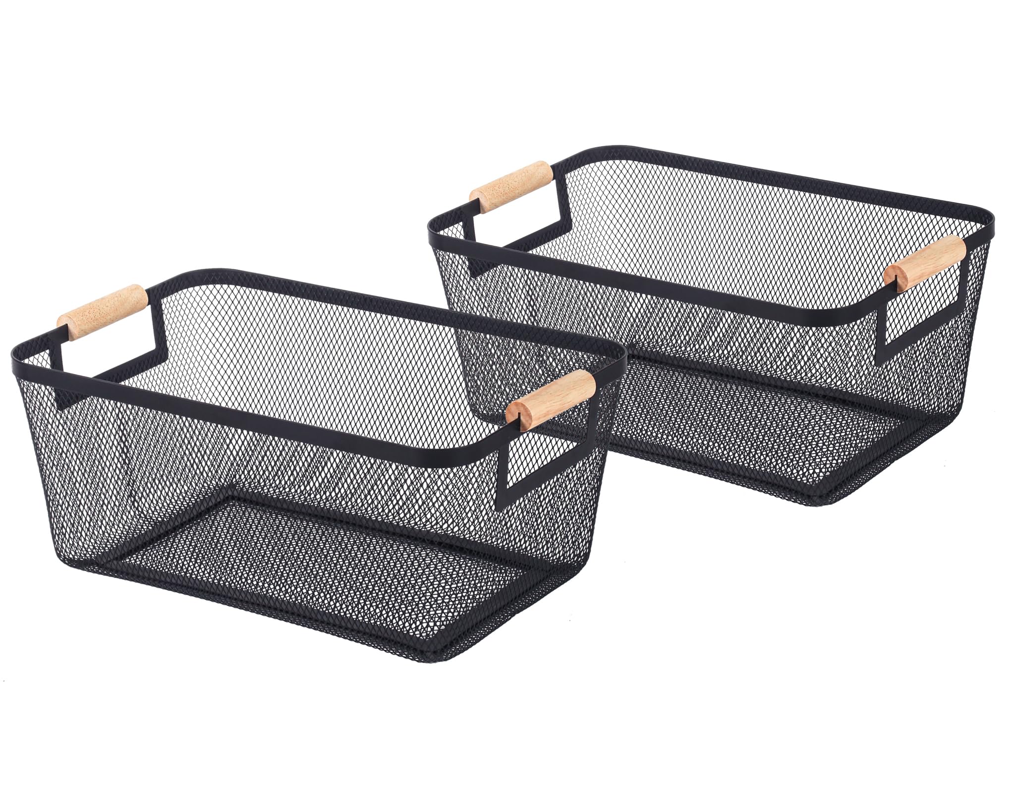Auzitenser 2Pack Metal Mesh Basket, Medium Wire Storage Organizer with Wood Handle for Kitchen Pantry, Bathroom, Cabinet, Close