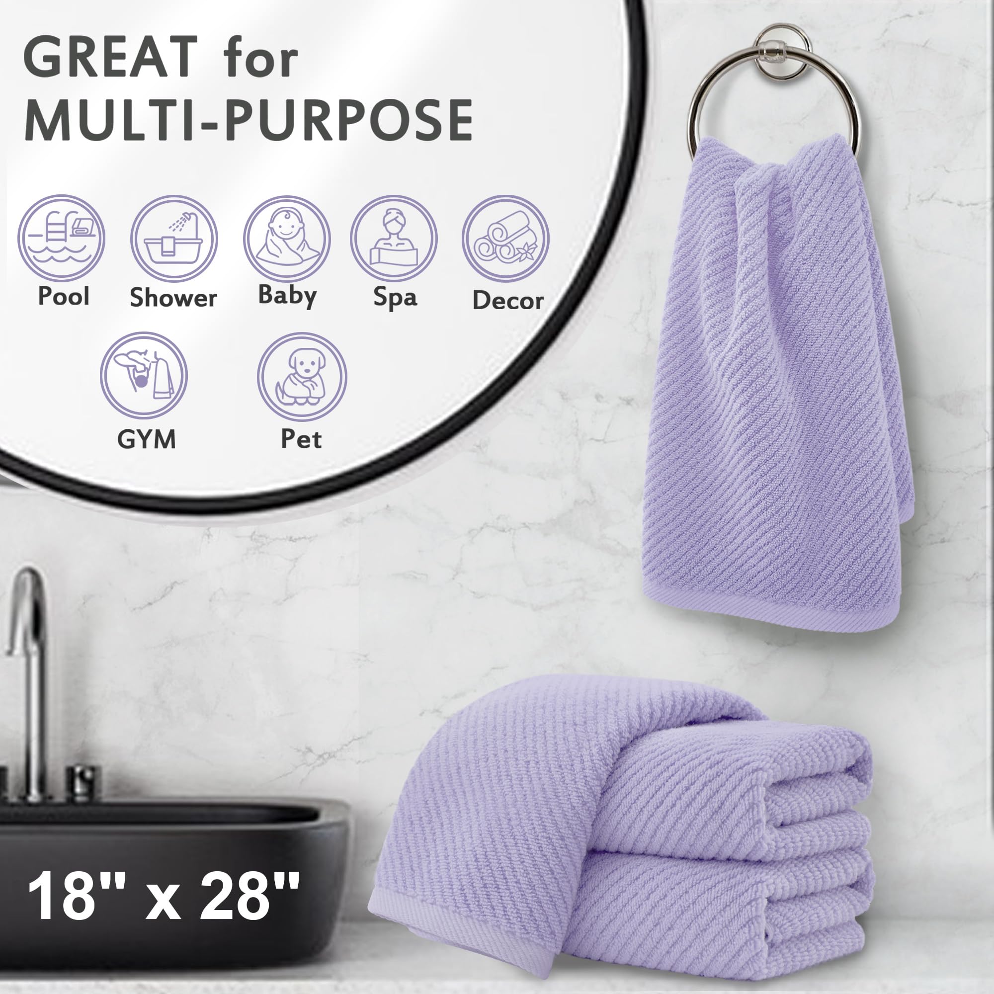 Voova & Movas Purple Hand Towels, 4Pc Large 18''X 28'' - 100% Cotton | Lightweight | Thick | Quick Dry | Soft | Absorbent, Hand