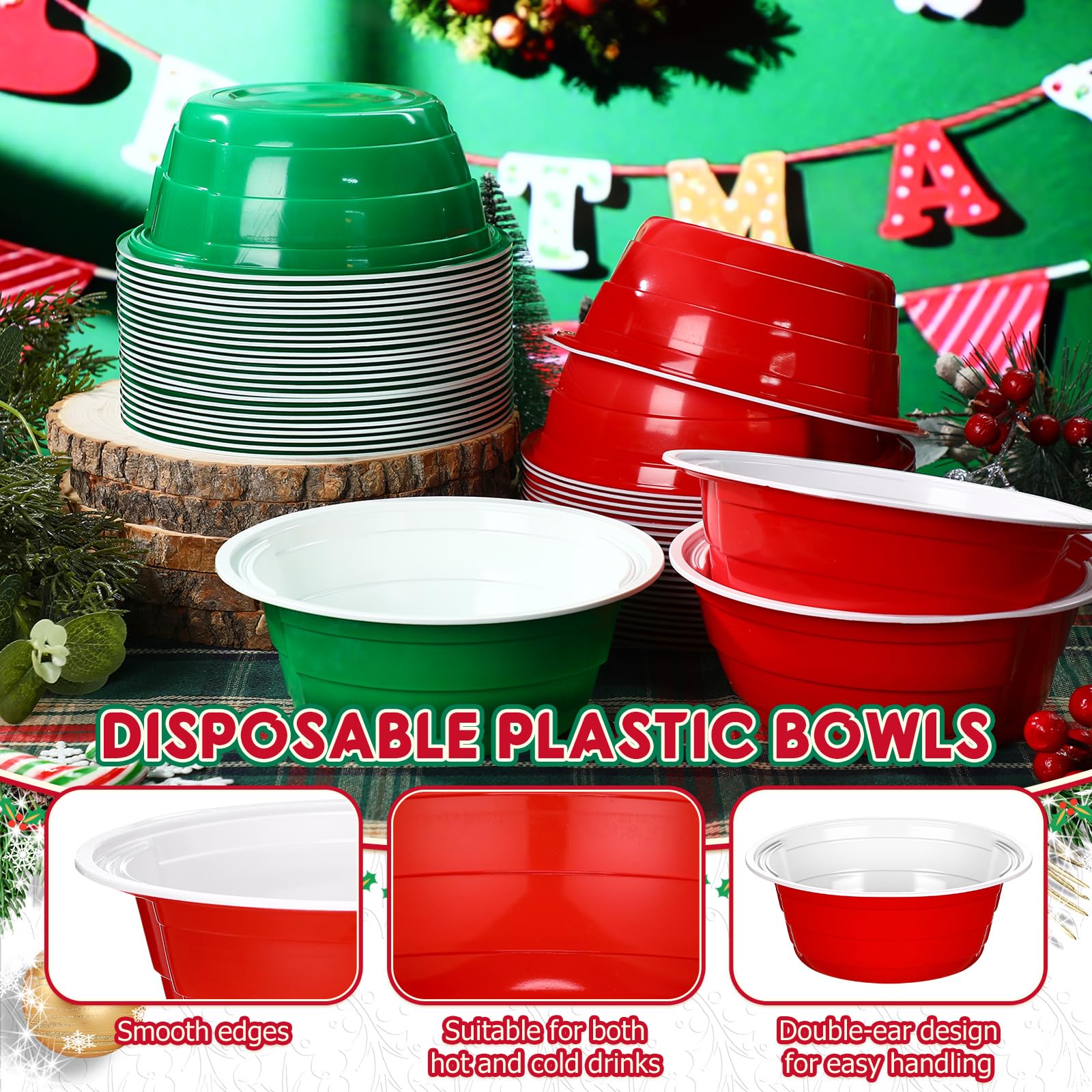 Baderke 50 Pcs Christmas Party Cup Bowls, 23 oz Disposable Plastic Bowls for Snacks, Salads and Desserts for Birthday, Thanksgiv