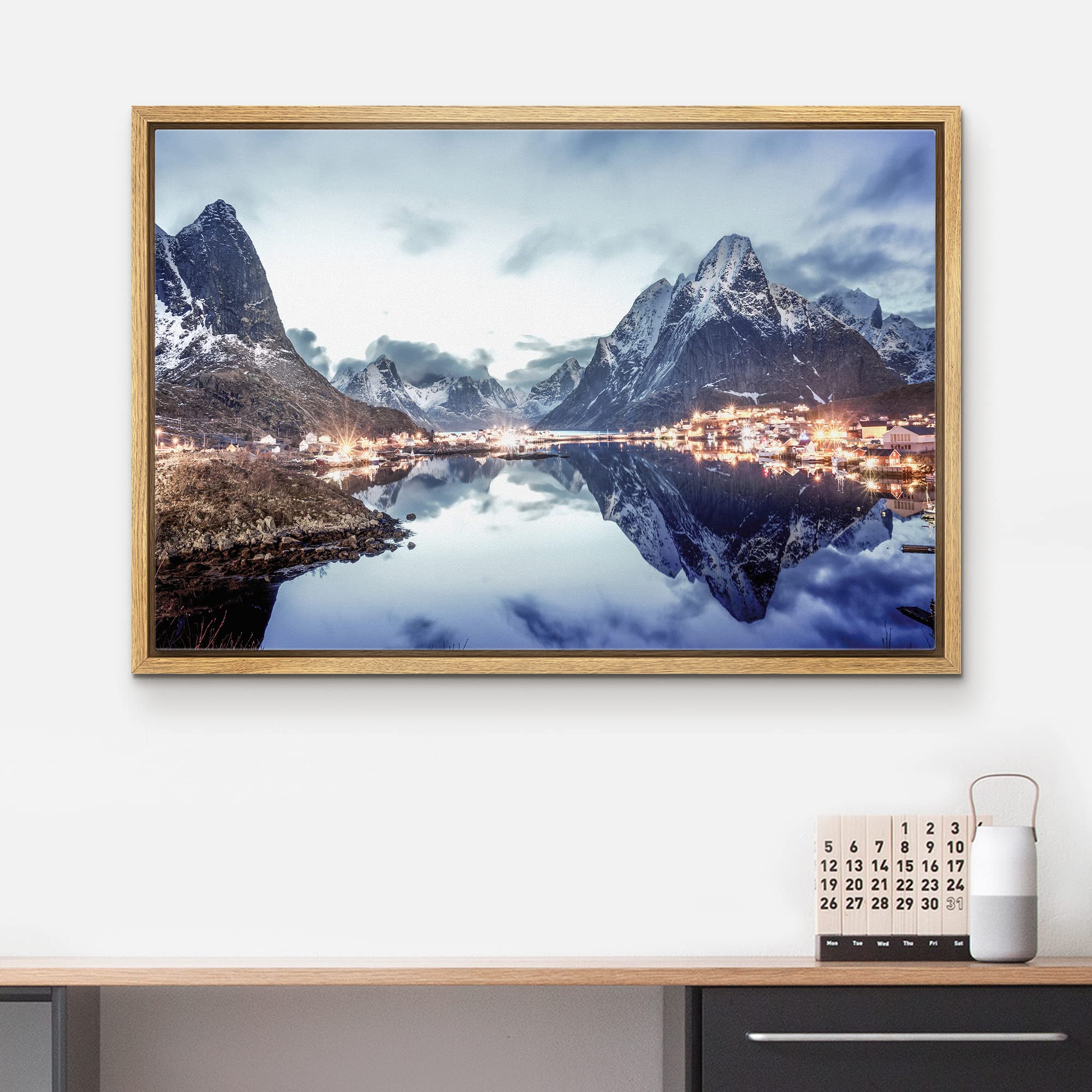 wall26 Framed Canvas Print Wall Art Winter Snow Mountain City Light Village Nature Wilderness Photography Realism Earth Scenery Scenic Landscape for Living Room  Bedroom  Offic - 16''x24'' Natural