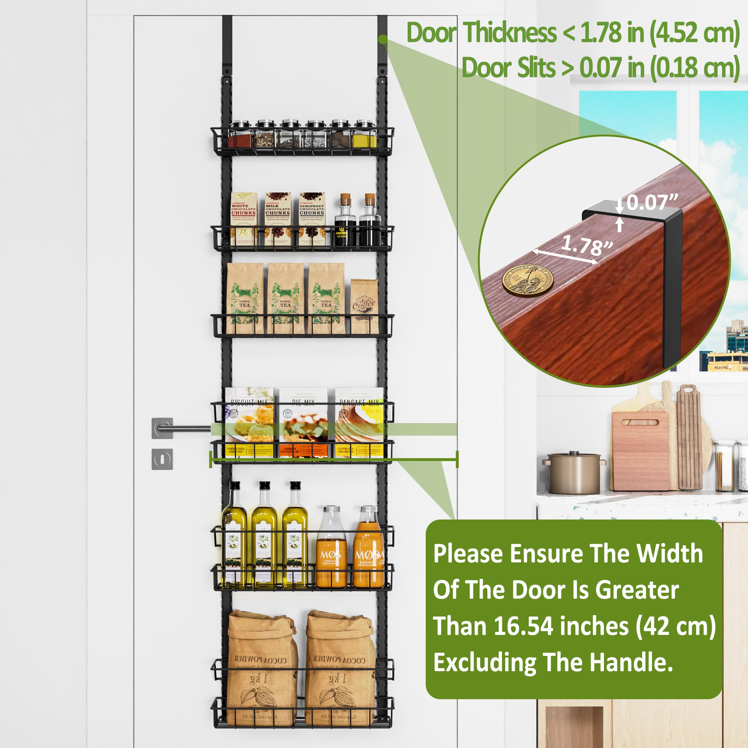 Churboro Over the Door Pantry Organizer Rack with 6 Adjustable Baskets, 6 Tiers Dual-use Spice Rack- Hanging or Wall Mount Spice