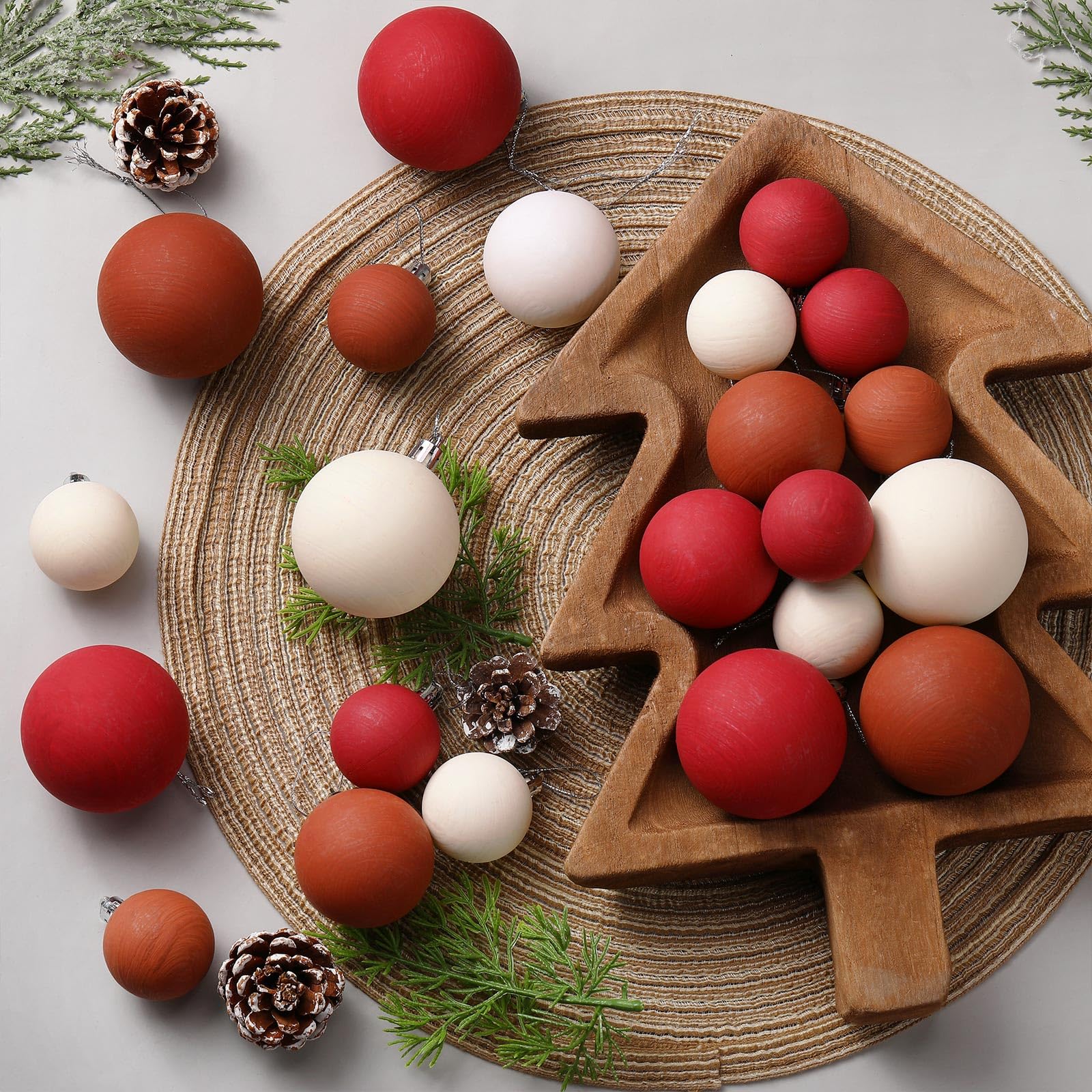 PullCrease 40 Pcs Neutral Matte Christmas Ball Ornaments Textured Rustic Boho Cream Red Terracotta Xmas Bulbs Ornaments with Vel