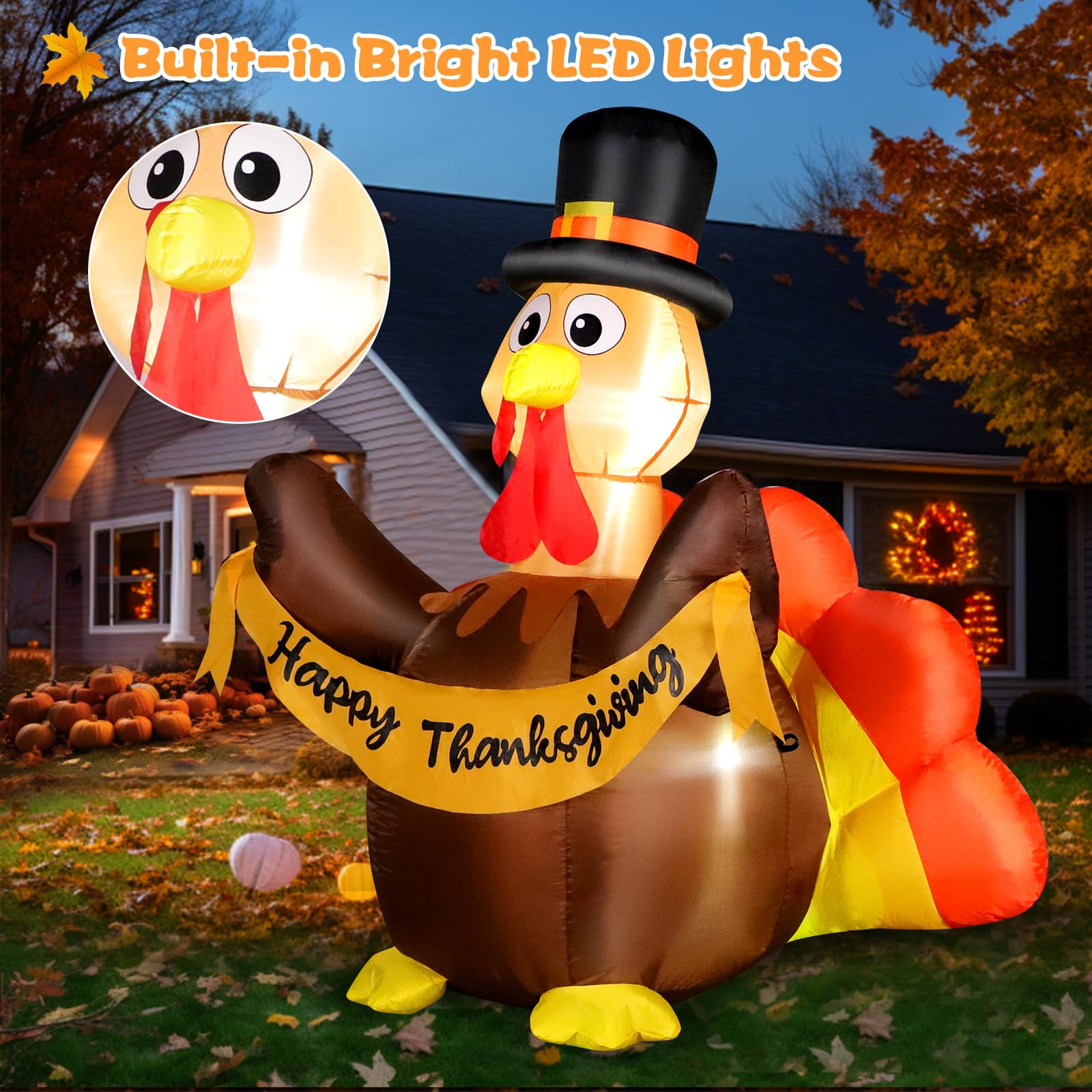 FunFanso Thanksgiving Inflatables Turkey Outdoor Decorations with Built-in LED Lights, 4.5FT Tall Blow Up Turkey with Pilgrim Ha