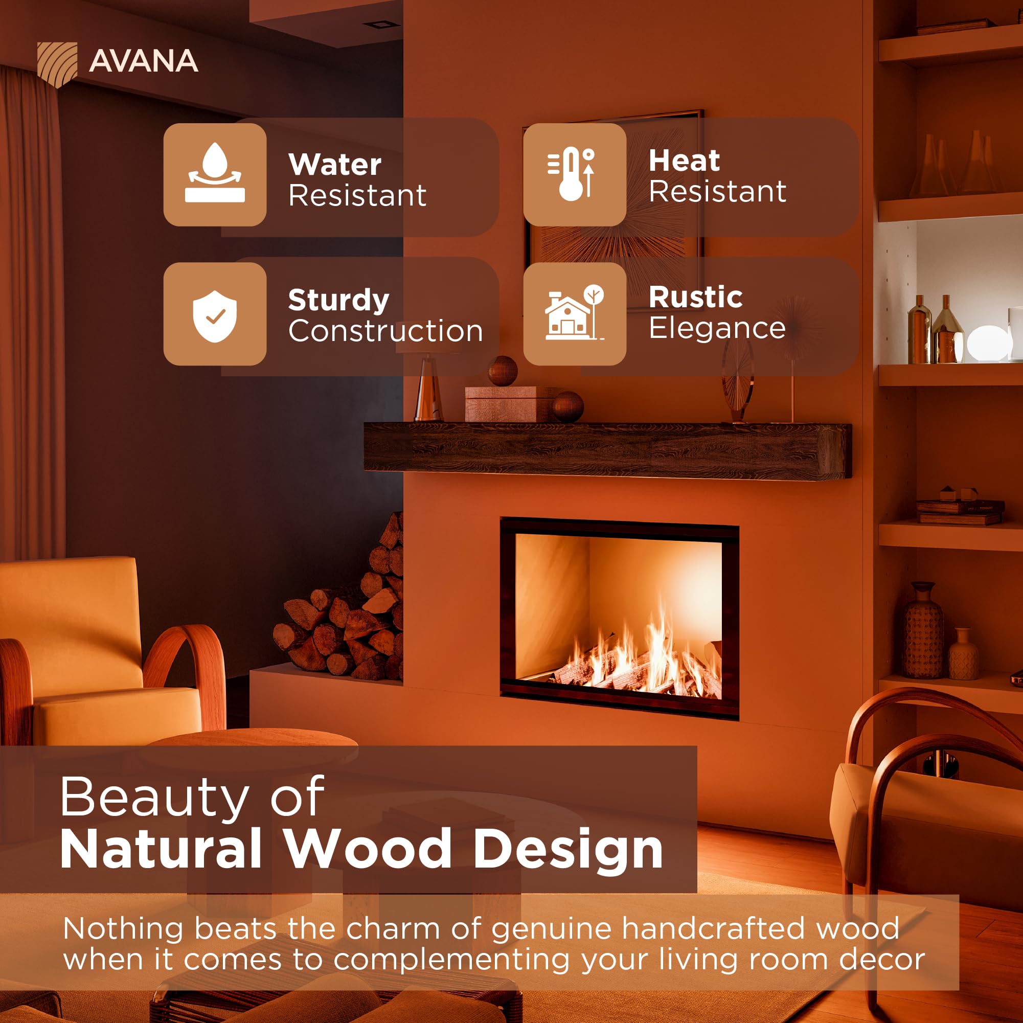 Avana Fireplace Mantel - Wall-Mounted Mantles For Over Fireplace - Farmhouse Fireplace Mantle Shelves - Handcrafted Wood Firepla