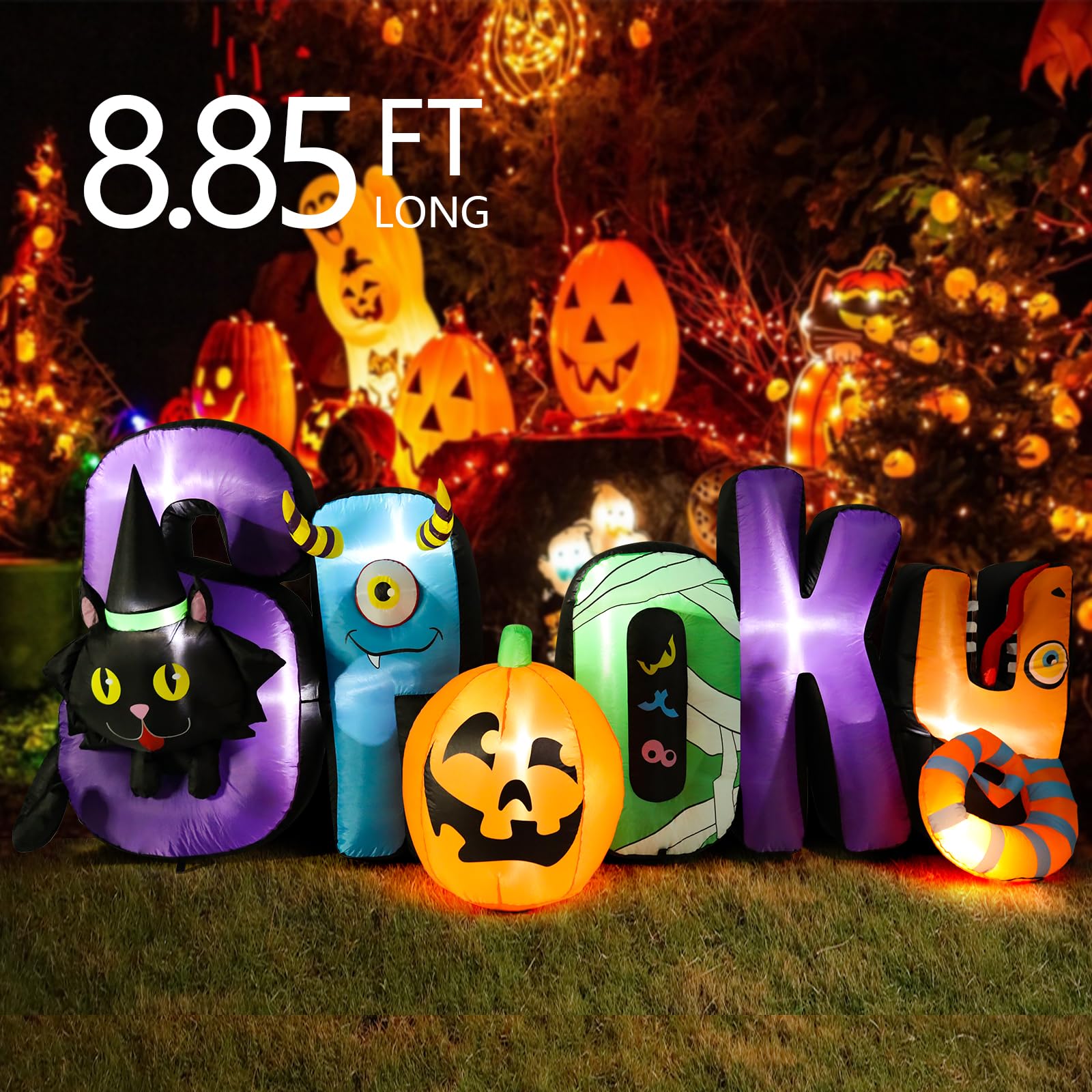 MUMTOP 8.85 Ft Long Inflatable Outdoor Halloween Decoration, Inflatables Spooky Sign with Black Cat Halloween Pumpkin Decoration
