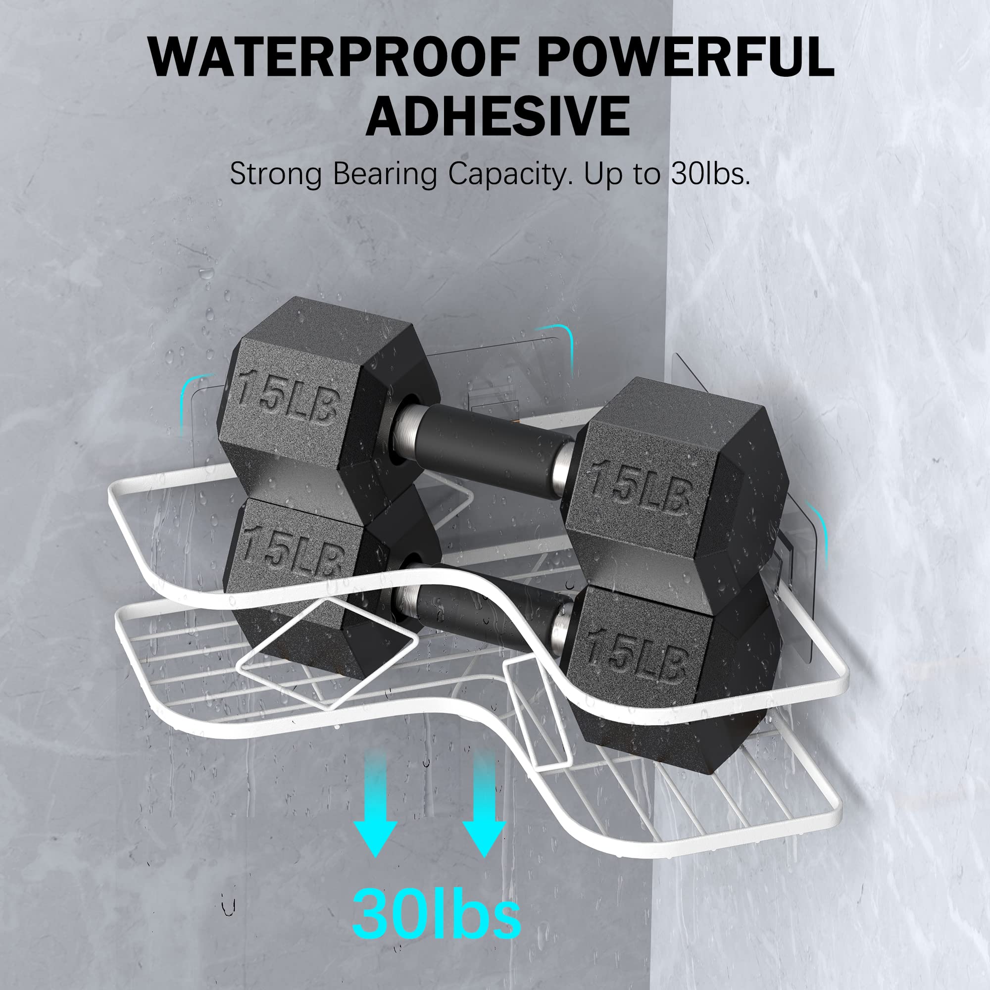 Kadolina Large Corner Shower Caddy Shelf, 2 Pack Adhesive Bathroom Shower Organizer Shelves, No Drilling Rustproof Wall Mounted