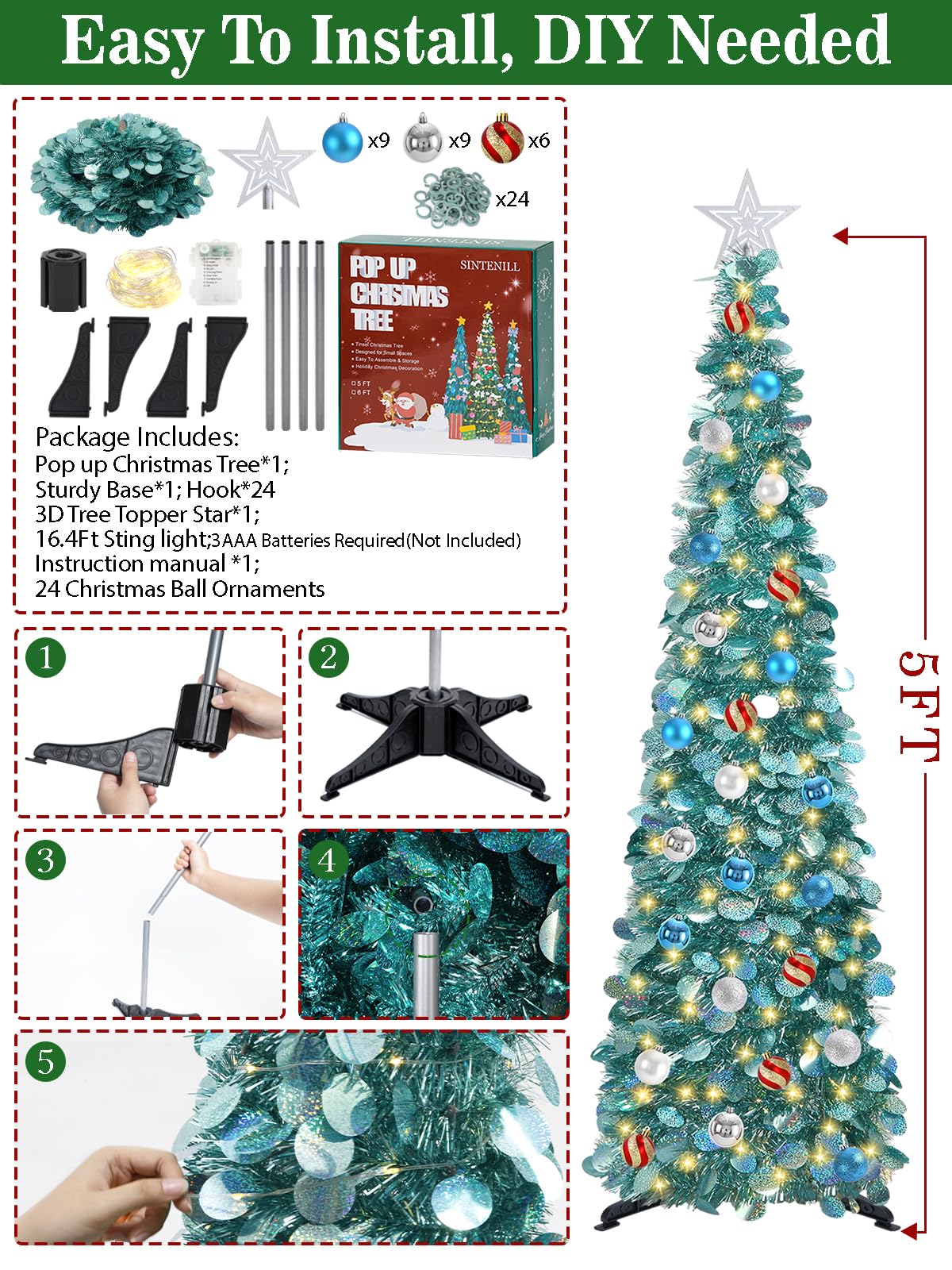 SINTENILL 5 FT Pop Up Christmas Tree with Timer Lights and Decorations, Ice Blue Artificial Tinsel Christmas Tree with 24 Ball O