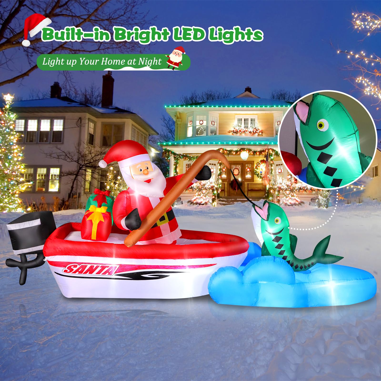 FunFanso 11FT Christmas Inflatable Santa Claus Fishing on The Boat, Blow up Outdoor Decorations with Built-in Bright LED Lights,