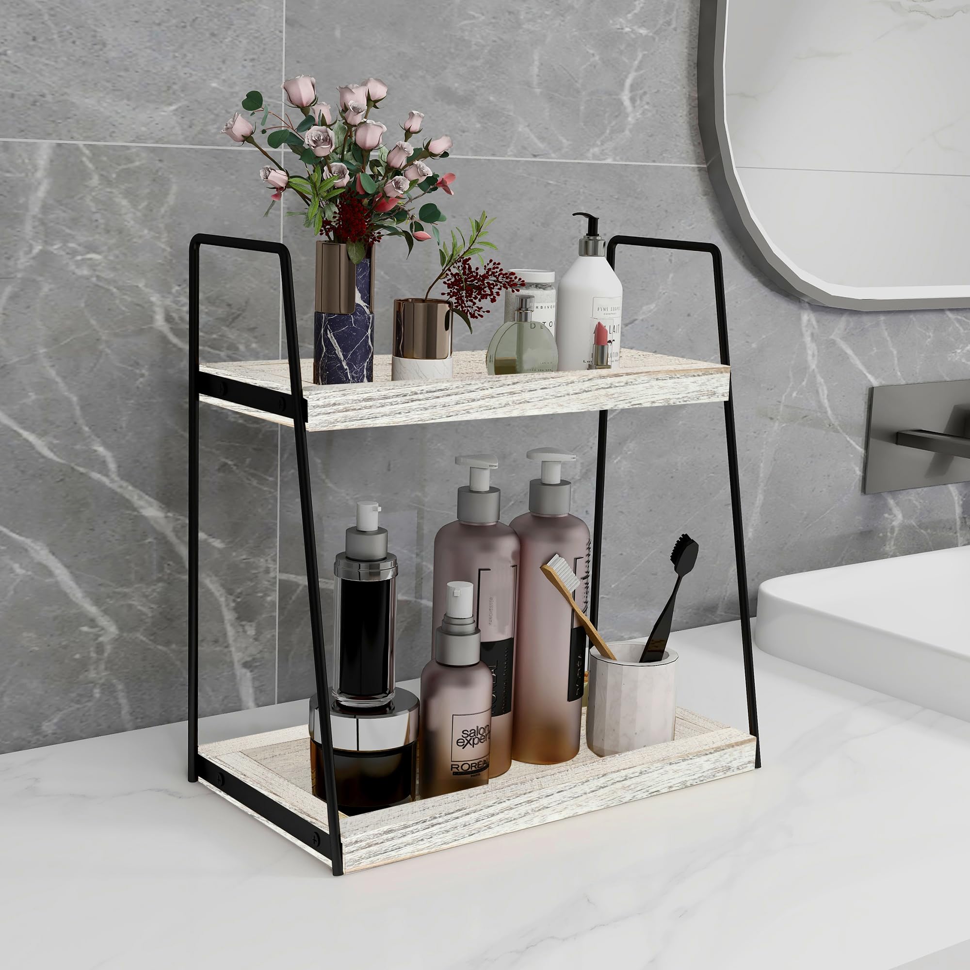 Dorhors 2 Tier Bathroom Storage Organizer,Vanity Trays For Bathroom Counter,Wood Counter Standing Rack For Bathroom,Dresser,Kitc