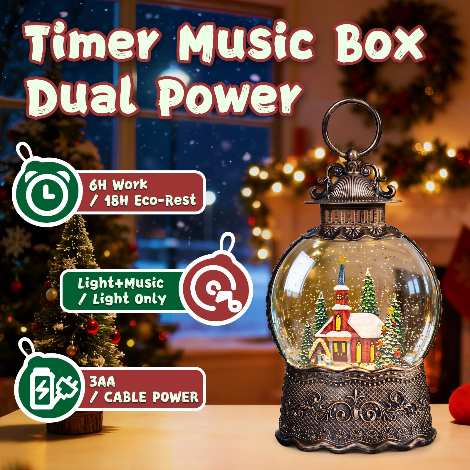 Christmas Snow Globes Lantern, Church and Christmas Tree Christmas Decorations Indoor, 6H Timer Battery & USB Powered Light Up M