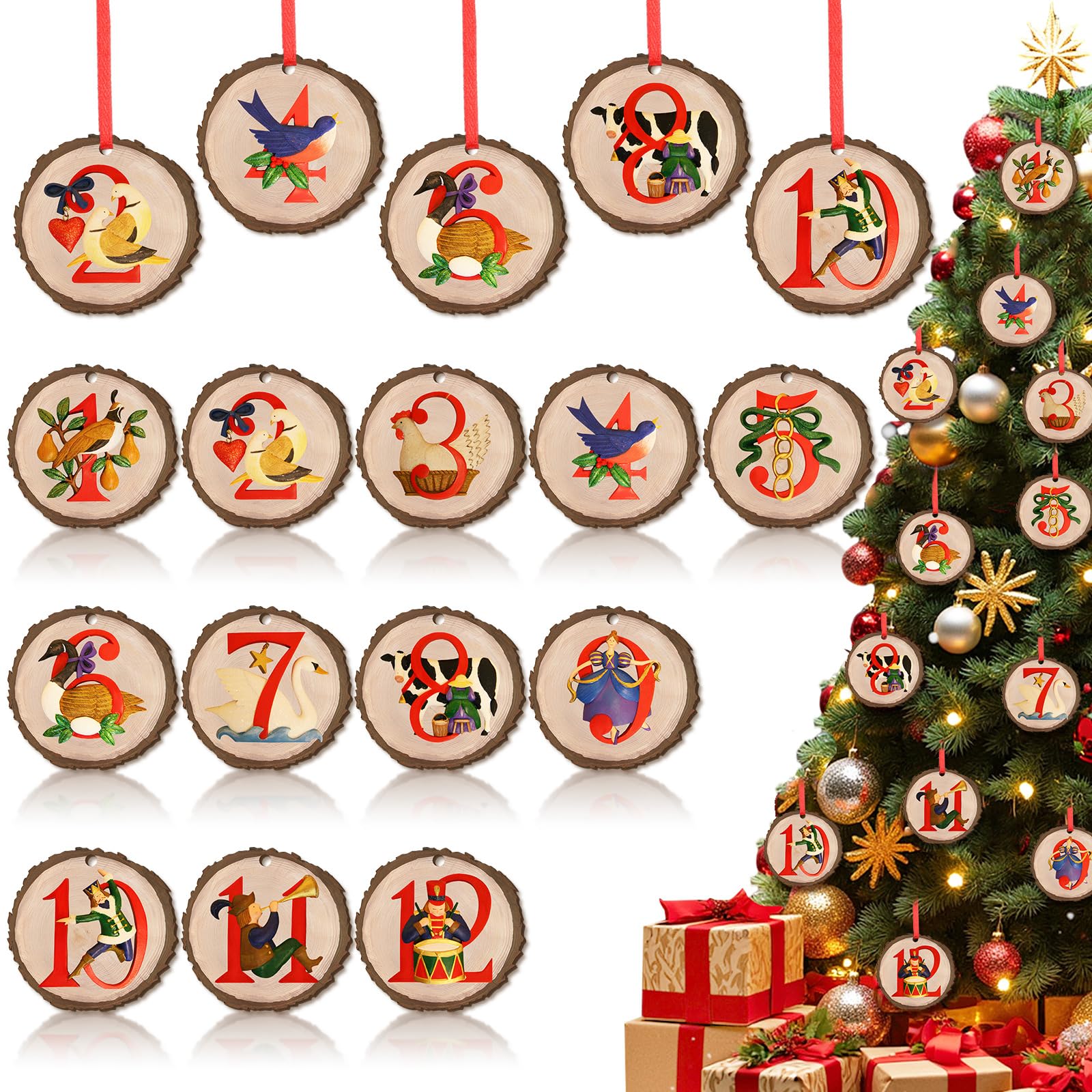 Weysat 12 Day of Christmas Ornaments Set of 12 Wooden Twelve Days of Christmas Ornaments Wood Xmas Vintage Hanging Decor for Hom