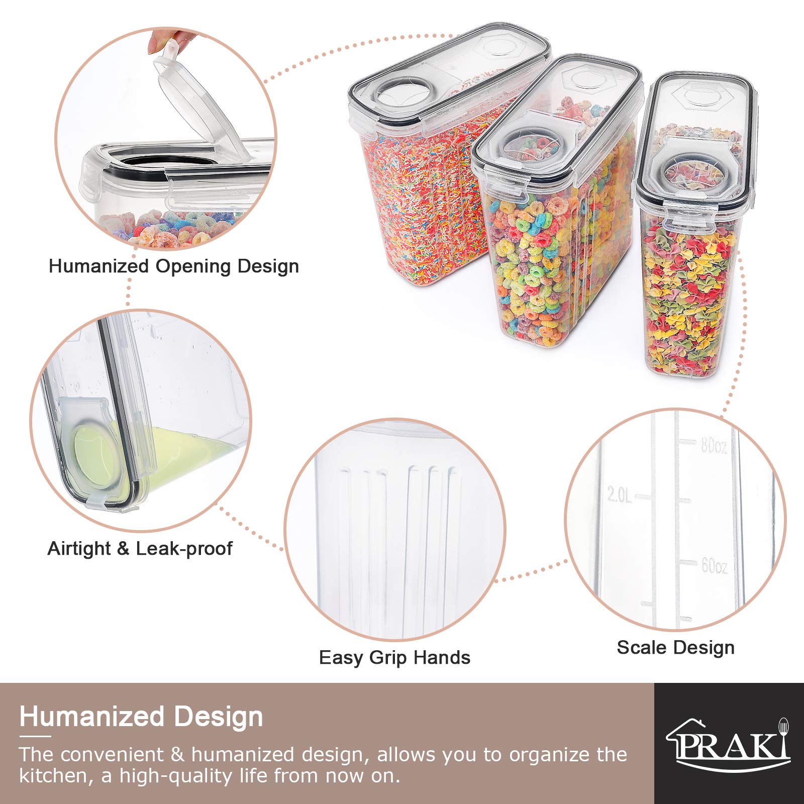 Praki 5Pcs Cereal Containers Storage Set, Bpa Free Airtight Food Storage Container Set With Lids, Kitchen Pantry Organization An