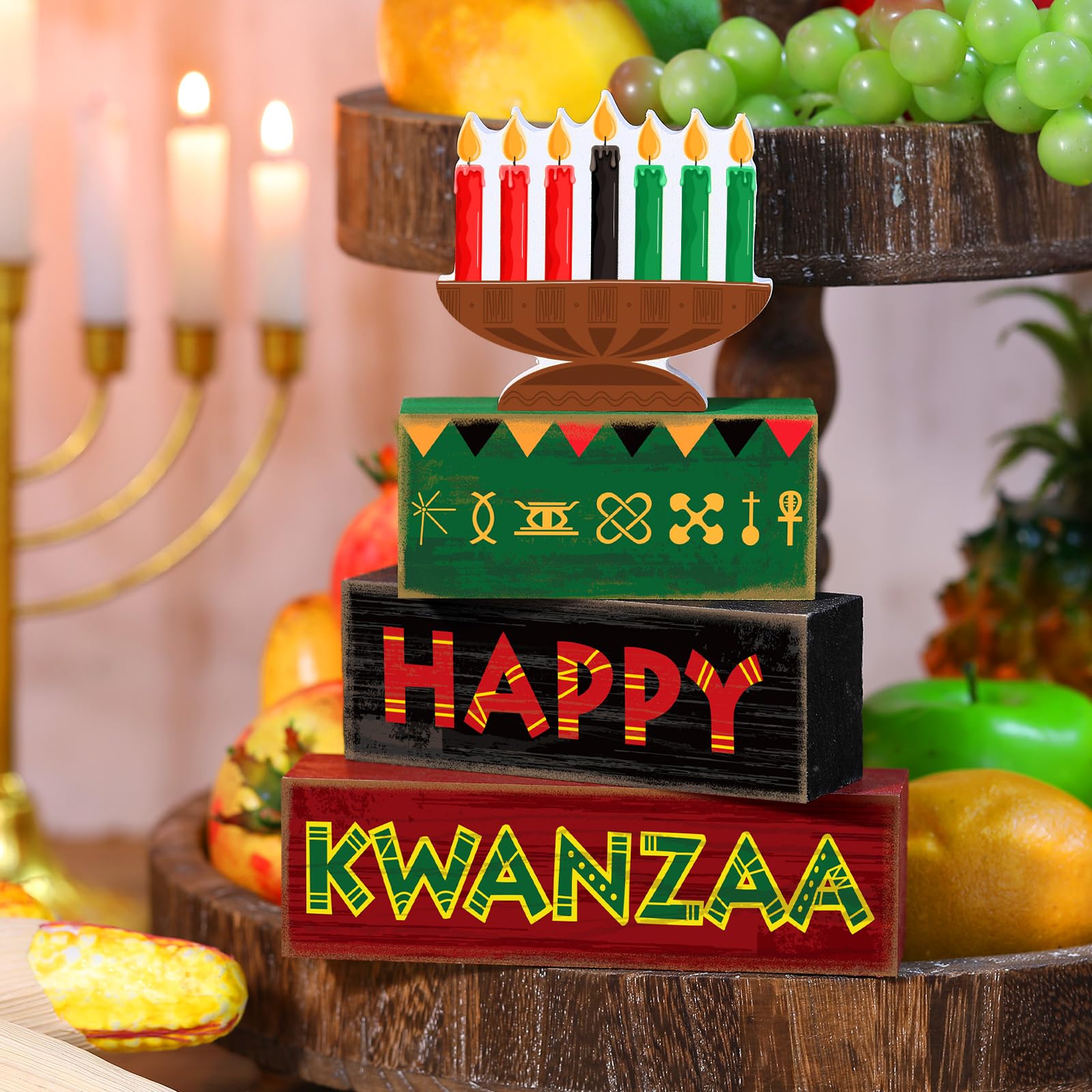 Yuntau 4 Pcs Happy Kwanzaa Table Decorations Kwanzaa Tiered Tray Decor Rustic African Candlestick Wood Block Tabletop Sign Gift