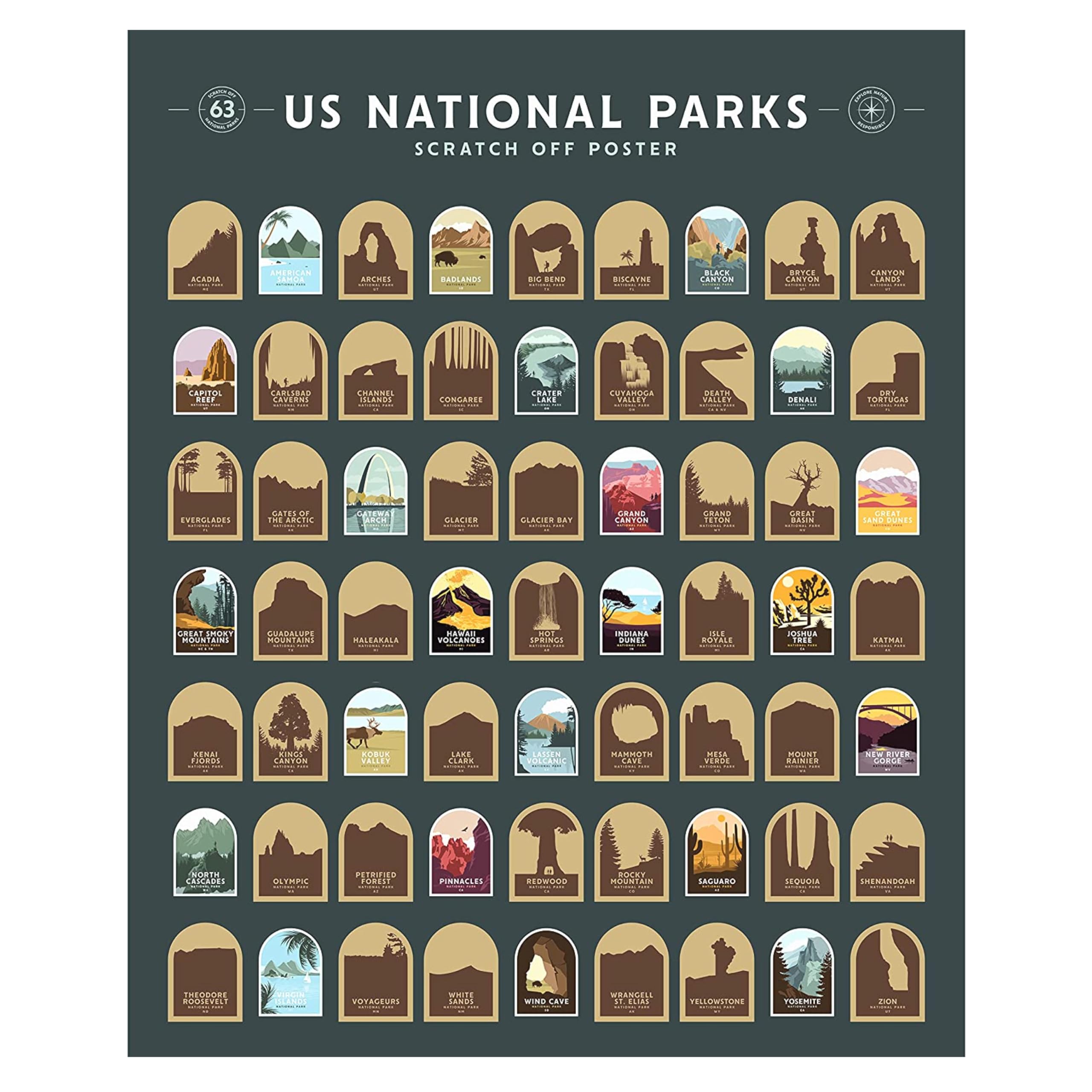 Enno Vatti Us National Parks Scratch Off Poster - Map Of 63 National Parks Of The United States - Travel Bucket List - Gift For