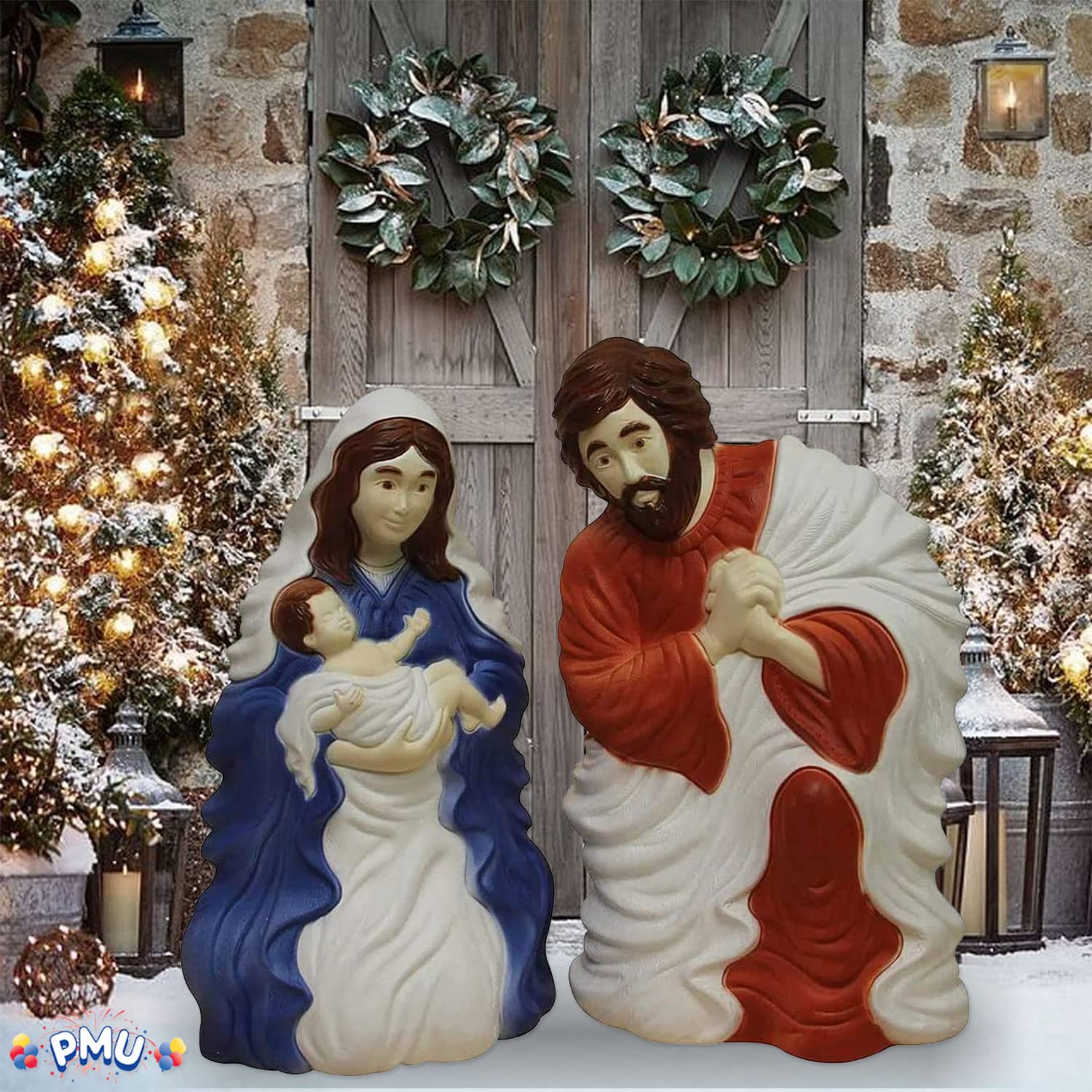 PMU Christmas Light-Up Nativity Set - Plastic Blow Mold 2 Piece Statue Illuminated with 6  Cord and Light - Nativity Family Set