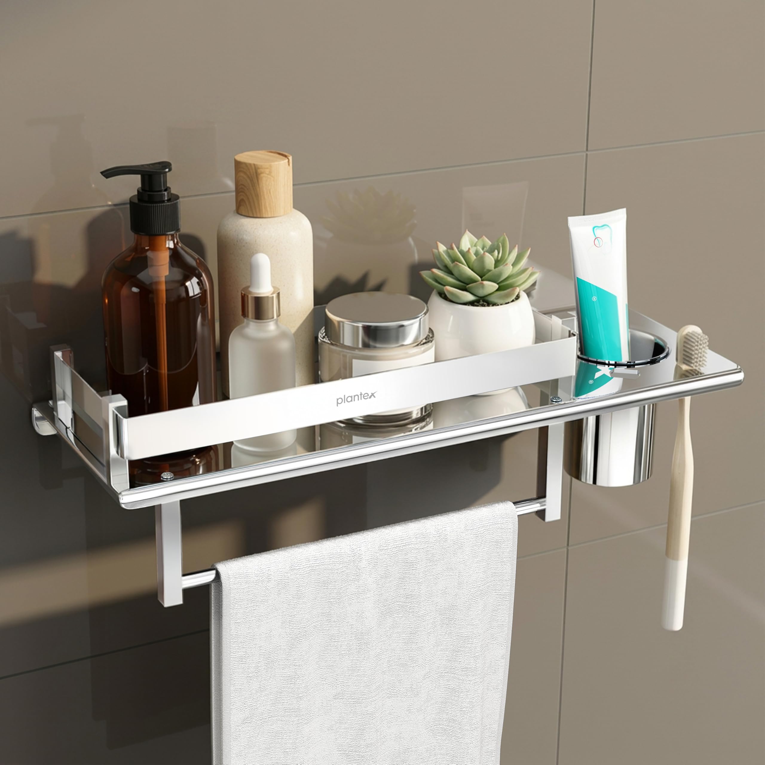 Plantex Stainless Steel Bathroom Shelf/Multipurpose Bathroom Shelf For Wall/Attached Tumbler And Napkin Holder For Washbasin(15 