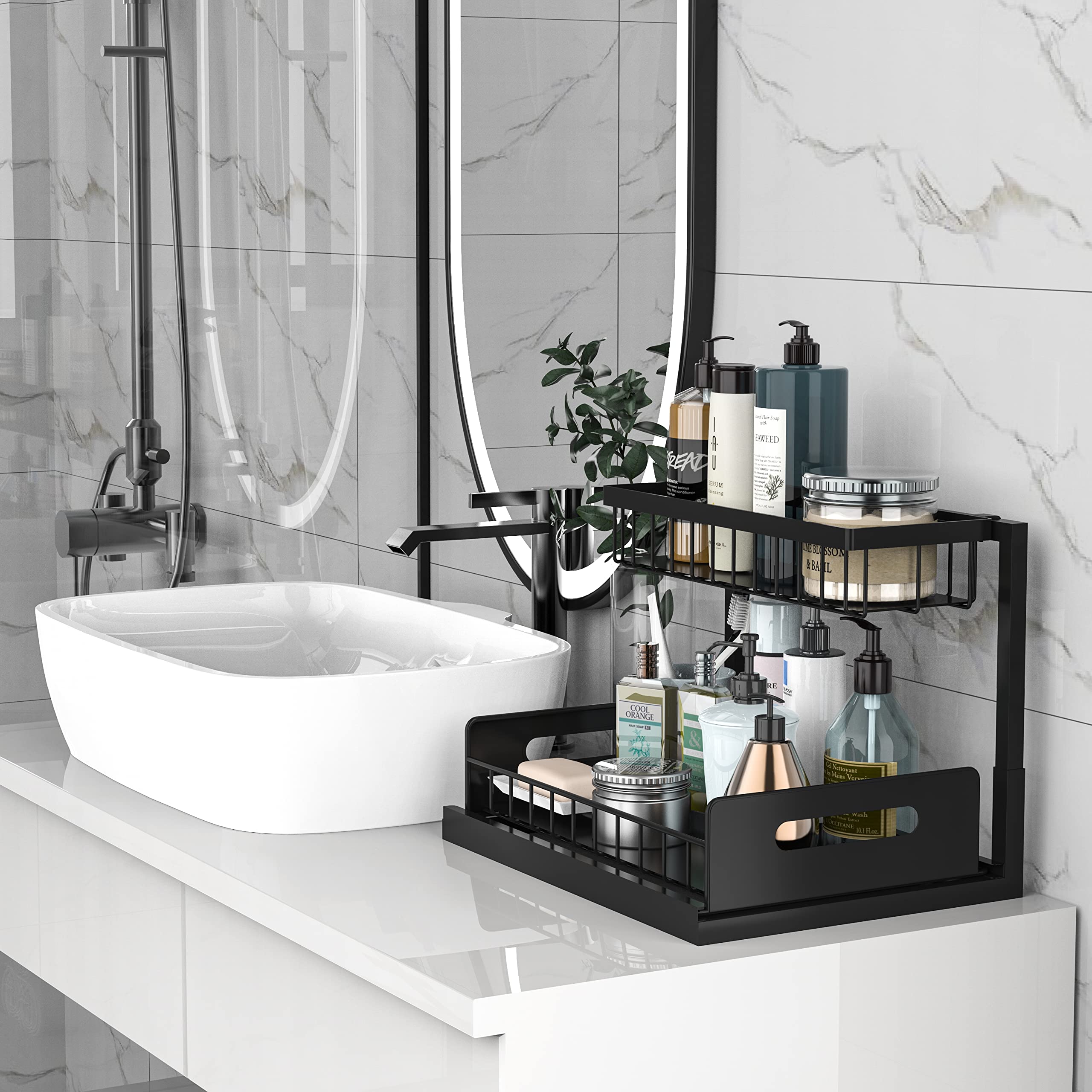 Bukfen Under Sink Organizer, Pull Out Cabinet Organizer 2-Tier Slide Out Sliding Shelf Under Cabinet Storage Multi-Use For Under