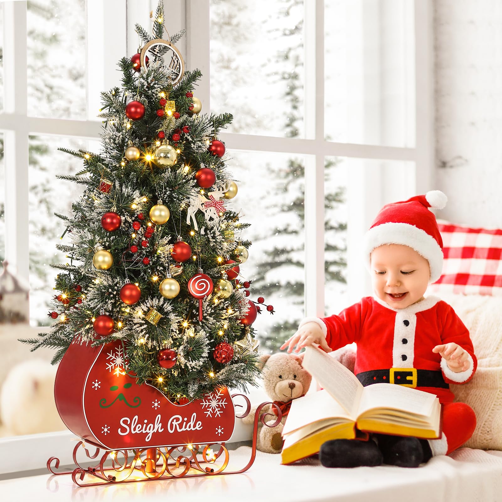 GAOMON Tabletop Christmas Tree 3ft Pre-Lit Christmas Tree with a Sleigh Ride Base Base, Small Christmas Tree with 78 Led Lights