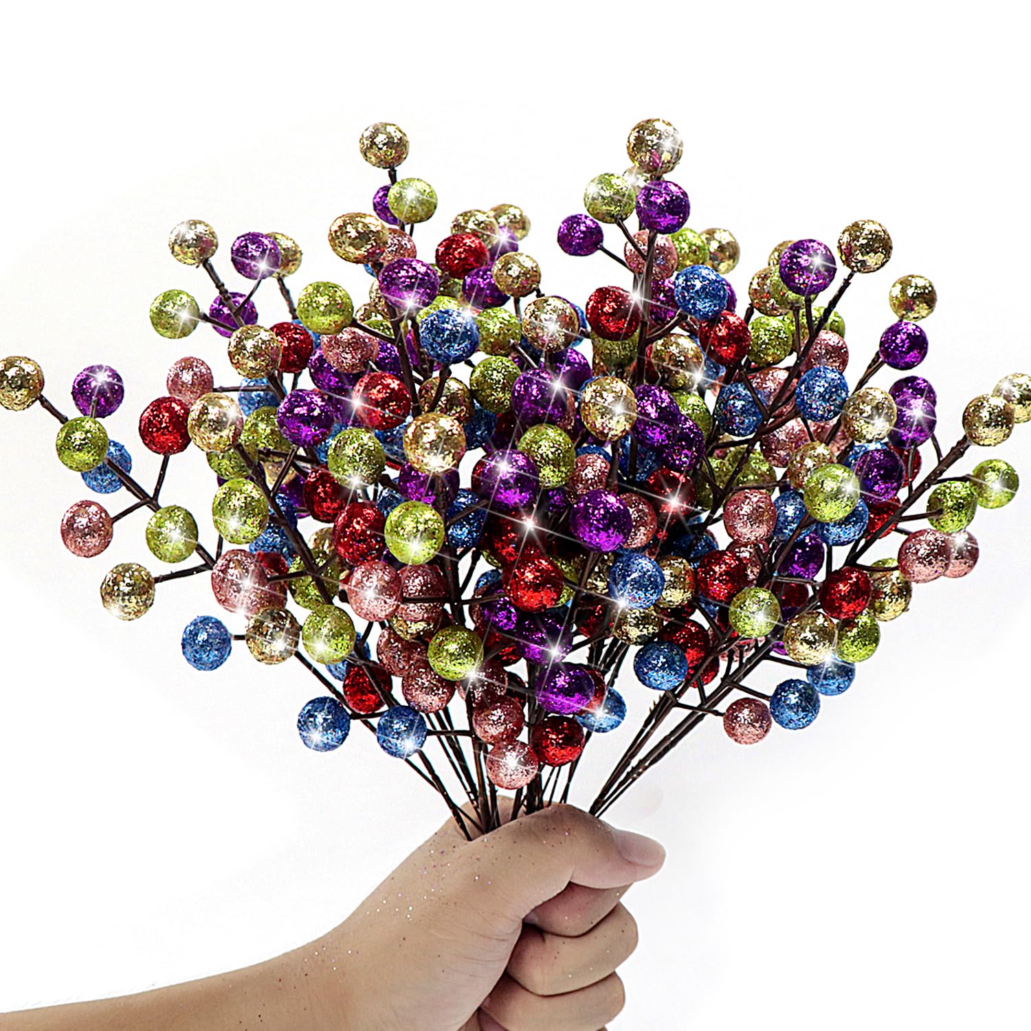 Artificial Colorful Berry Stems, 24 Pack 8.7 Christmas Glitter Berries Stems Artificial Fruit Berry Holly Flower Branch Picks Ho