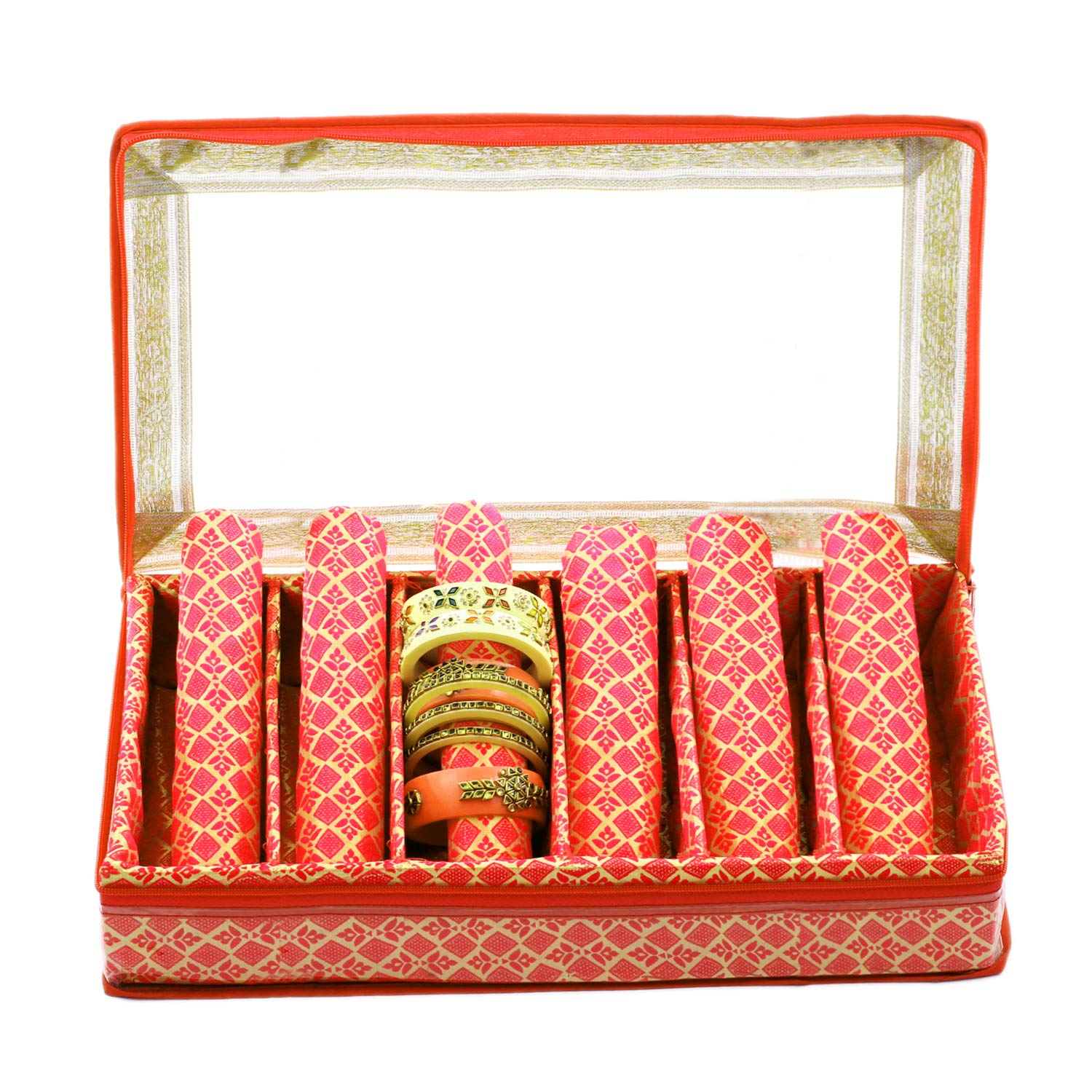 Kuber Industries Brocade Hardboard Six Rod Bangle Box (Orange) - Ctktc42077