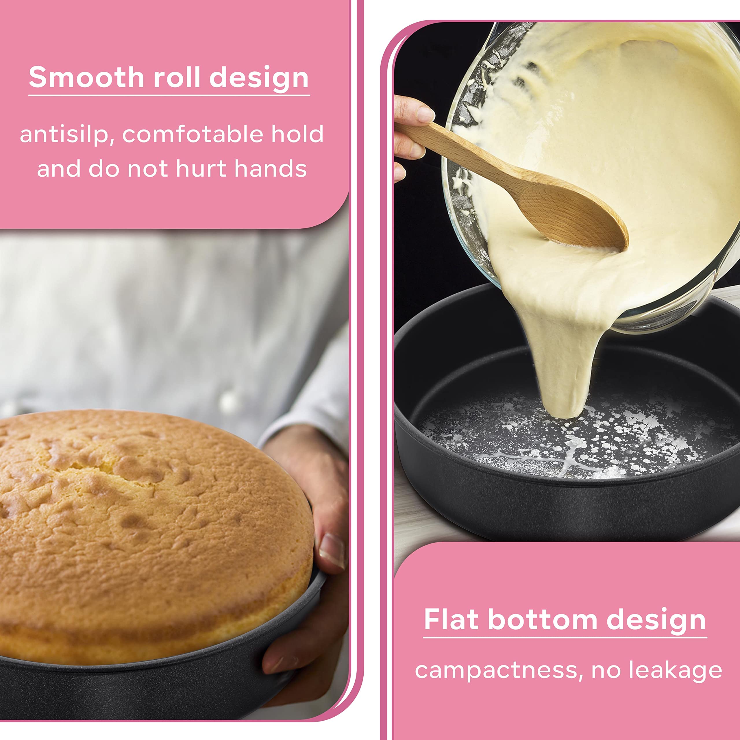 Herogo 8 Inch Cake Pan Set Of 2, Stainless Steel Black Nonstick 3'' Deep Round Baking Pan, Birthday Wedding Layer Cake Pan, Non