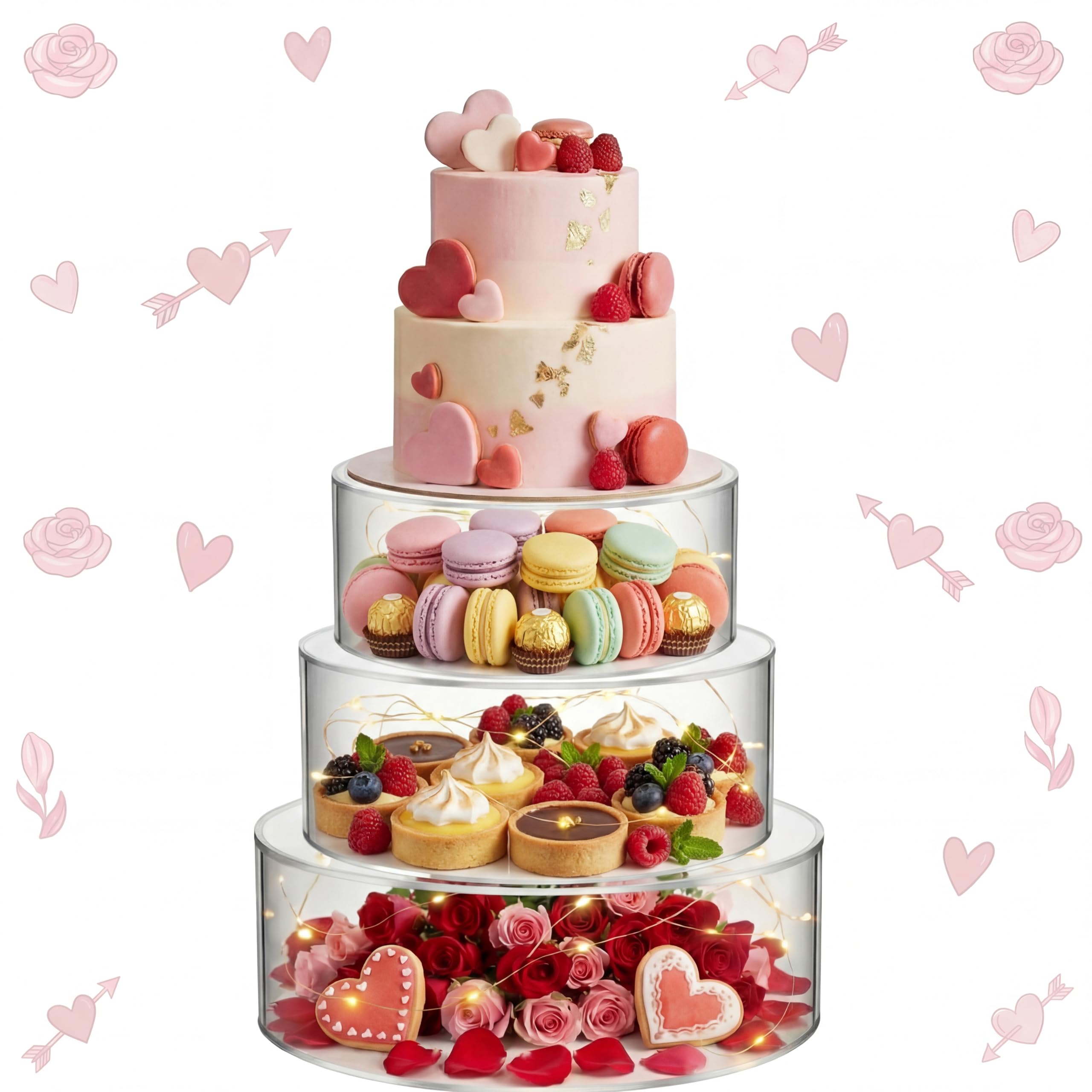 Sintuff 3 Pcs Acrylic Cake Stand with LED Lights 6, 8, 10 Clear Fillable Cake Riser Round 3 Tier Case Box for Wedding Birt