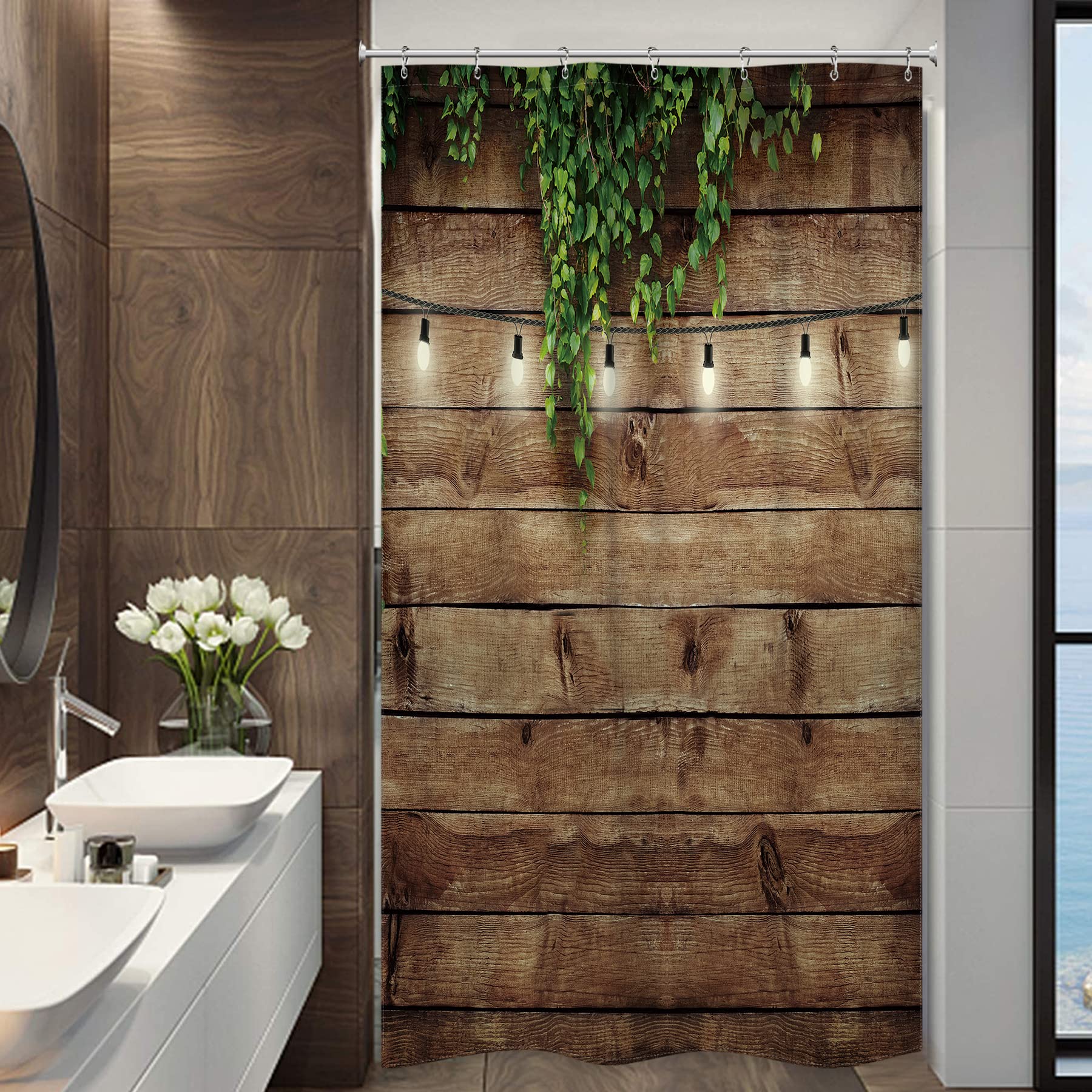 Riyidecor Stall Wooden Shower Curtain 36Wx72H Inch Rustic Wood Bran Door Wooden Green Leaves Antique Brown Wall Board Retro Bath