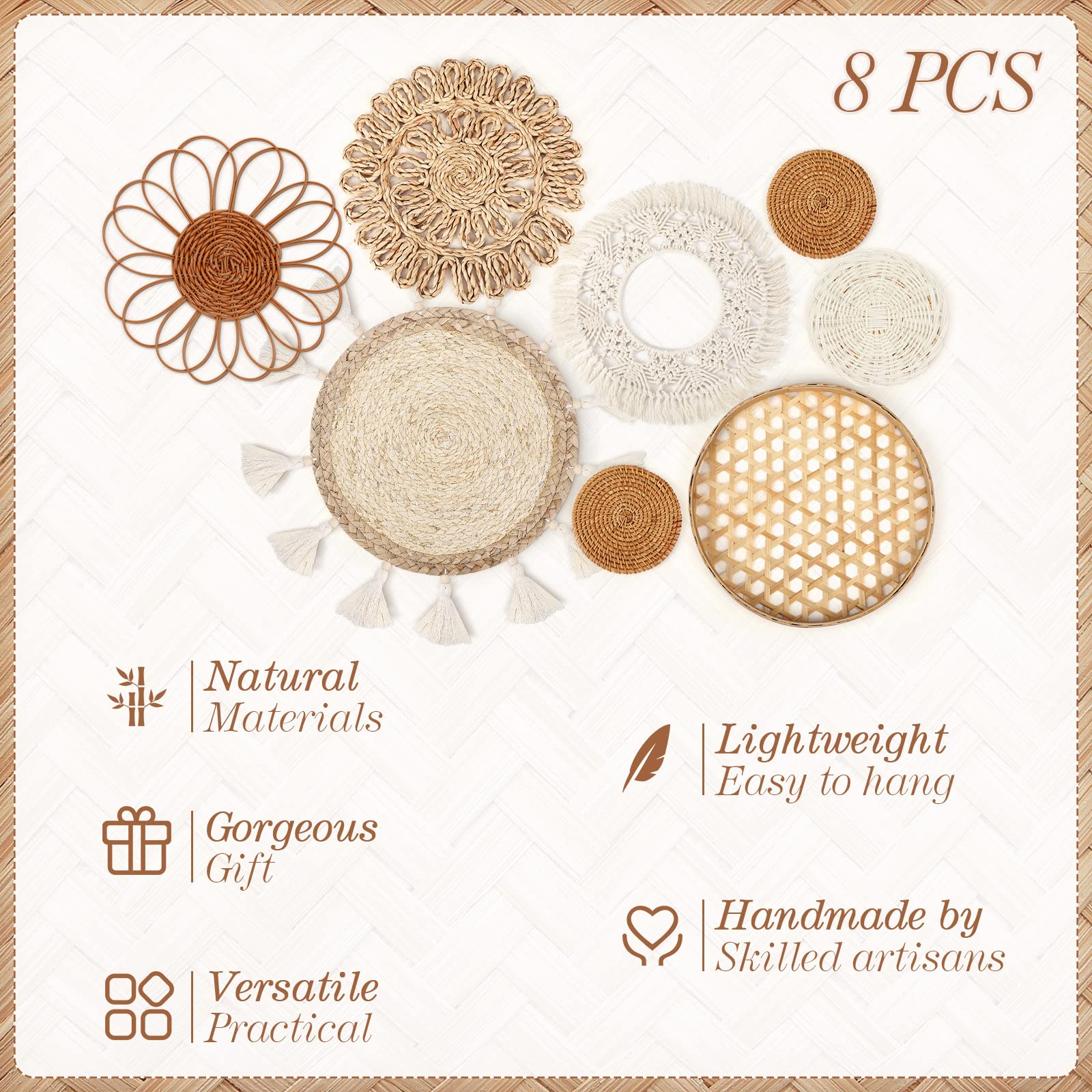 Set Of 8 Boho Wall Basket Decor Flat Woven Basket Wall Decor Set Rattan Wall Decor Round Bamboo Hanging Wall Basket Macrame Tass