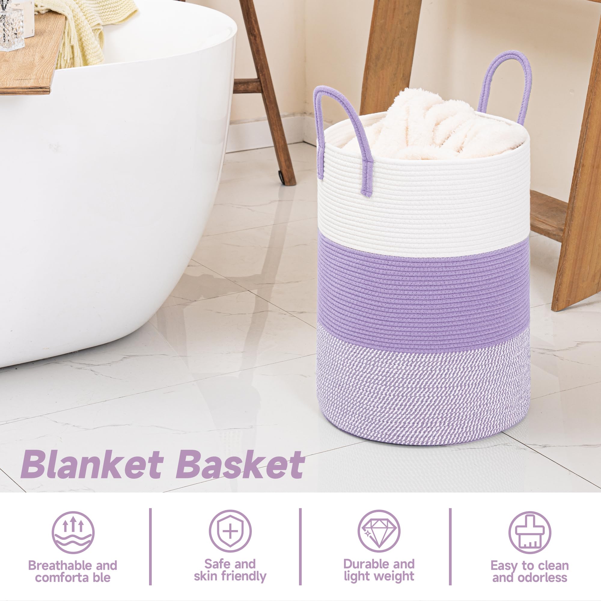 Clhmily&Z 40L Laundry Basket Round Storage Rope Basket - 13X18 Inches - Lavender Hamper In Bedreoom And Cute Storage Bin For Bla