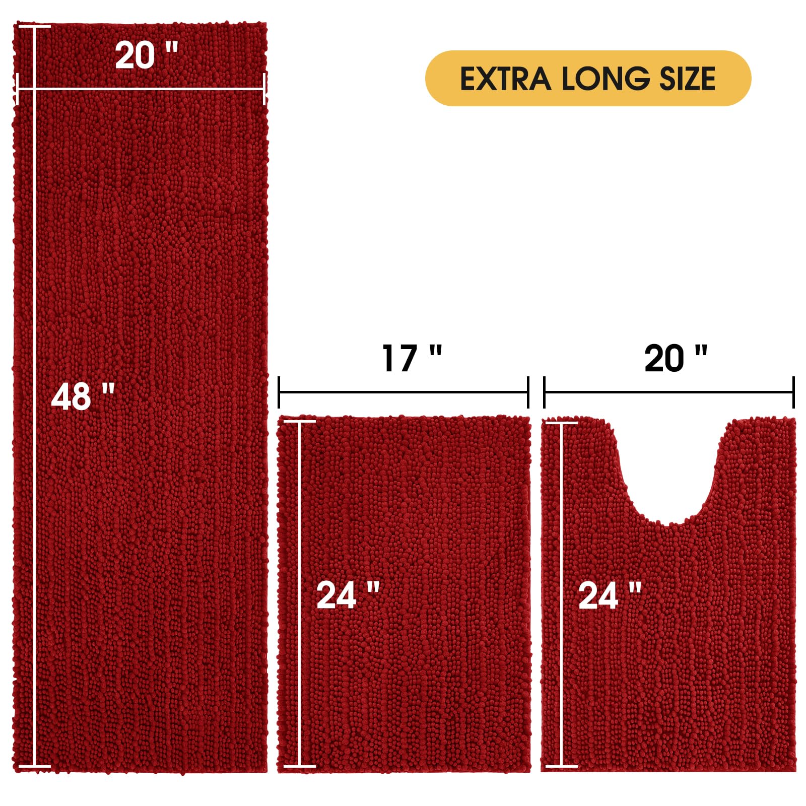 Accumtek Upgrade Extra Large Red Bathroom Rug Set 3 Pieces Ultra Soft, Thick Absorbent Bath Mats, Non Slip Chenille Toilet Mat F