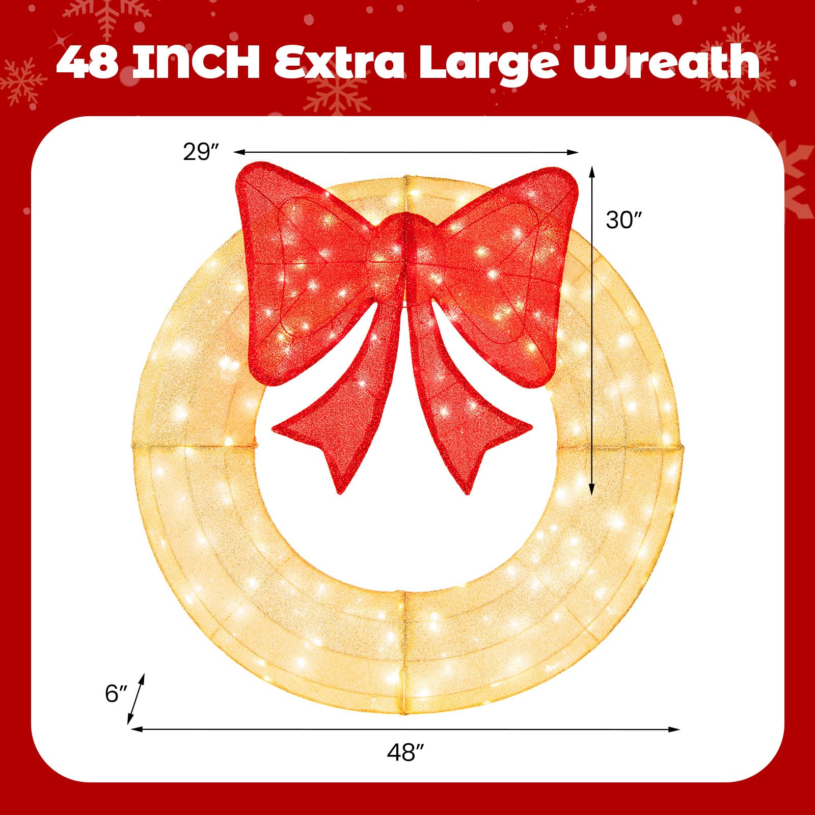 Tangkula 48 Inch Lighted Christmas Mesh Wreath, Pre-Lit Festive Wreath w/Large Bow & 200 LED Bulbs, Hooks & Zip Ties Included, W