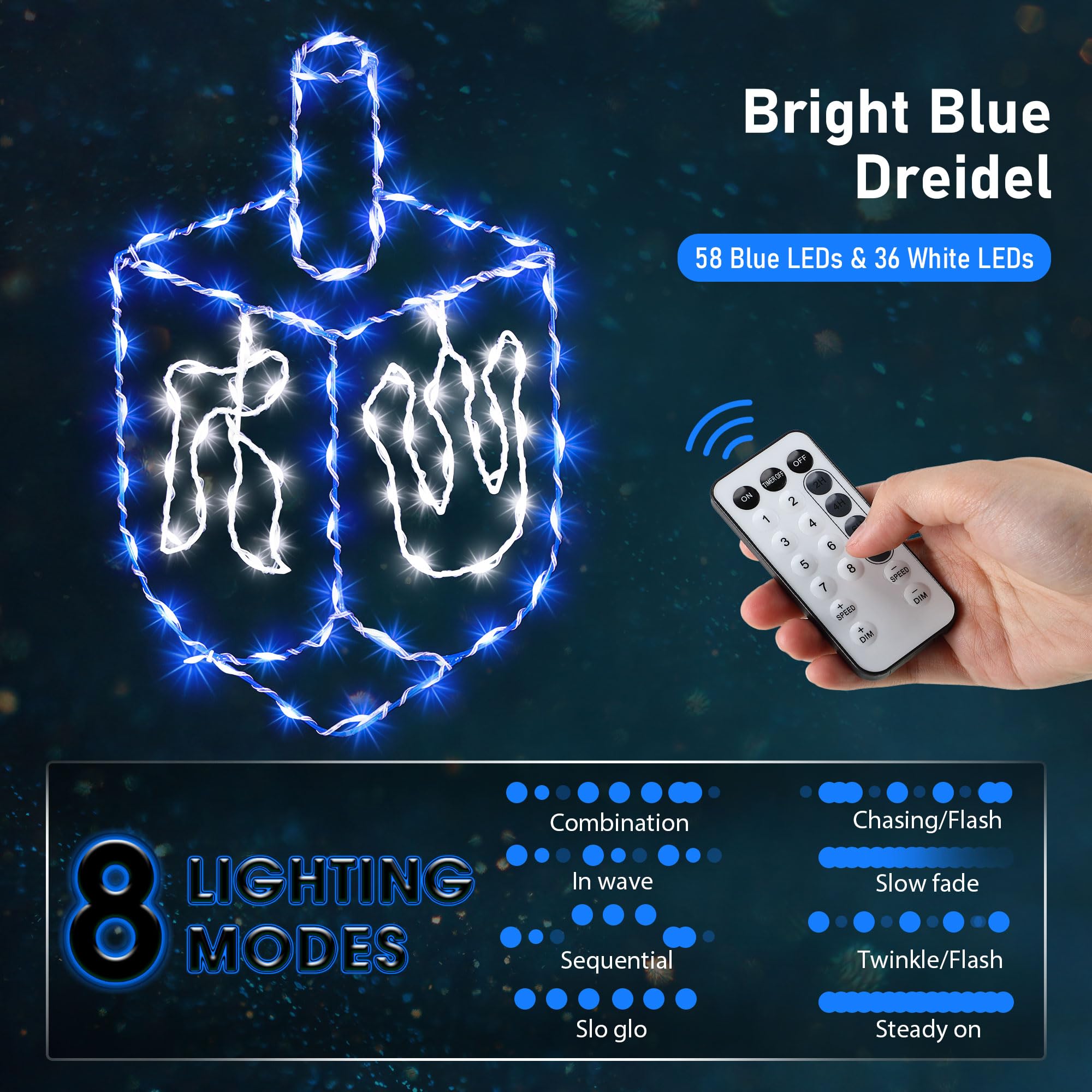 Hiboom Hanukkah Decorations Window Lights, Blue Chanukah Dreidel Lights Decorations, USB Powered Remote Control 8 Modes with Tim