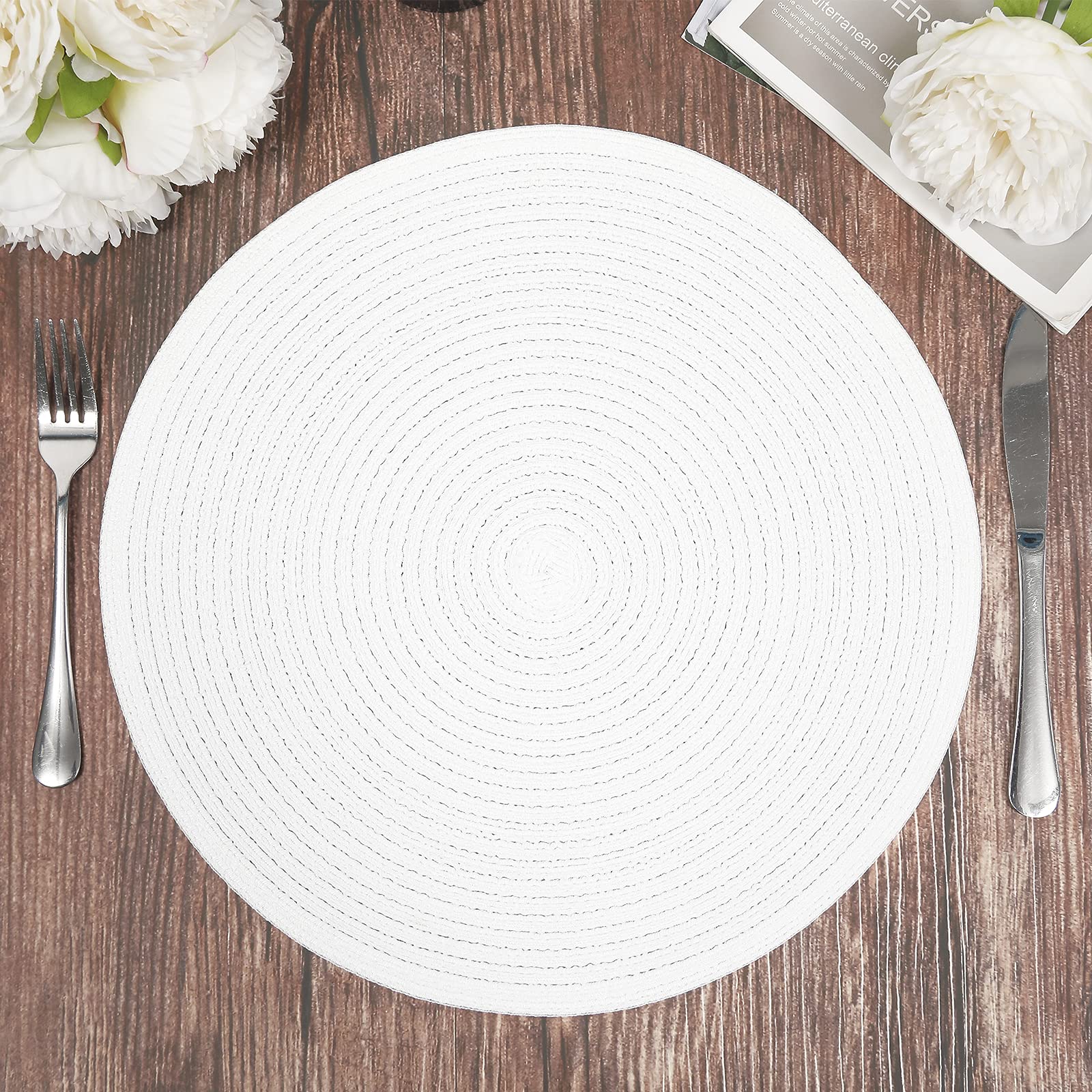 Shacos Round Braided Placemats Set Of 6 Round Table Mats For Dining Table 15 Inch Washable Cotton Polyester Place Mat (White, 6)
