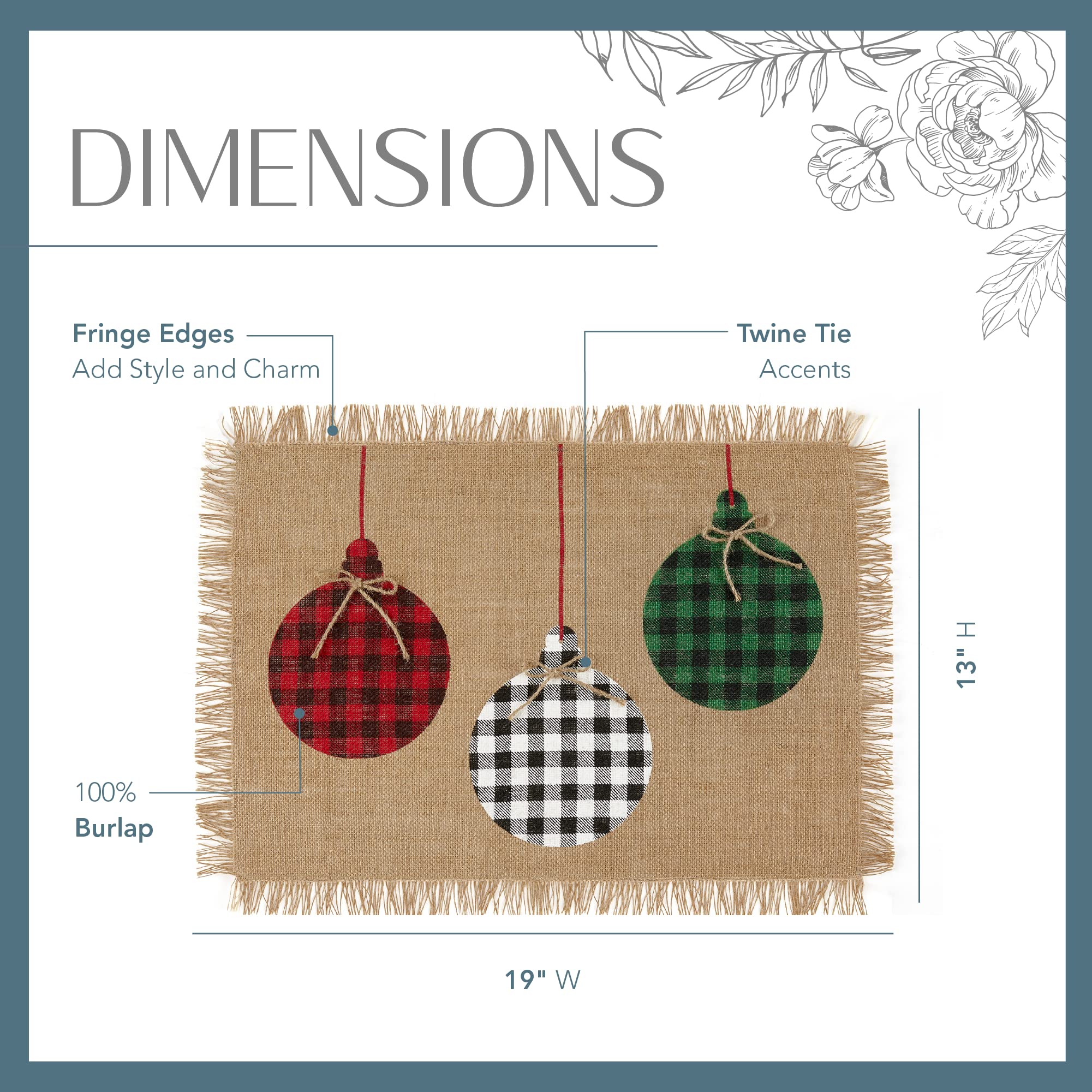Elrene Home Fashions Burlap Placemat Set of 4, 13"x19", Multicolor Rustic Ornaments
