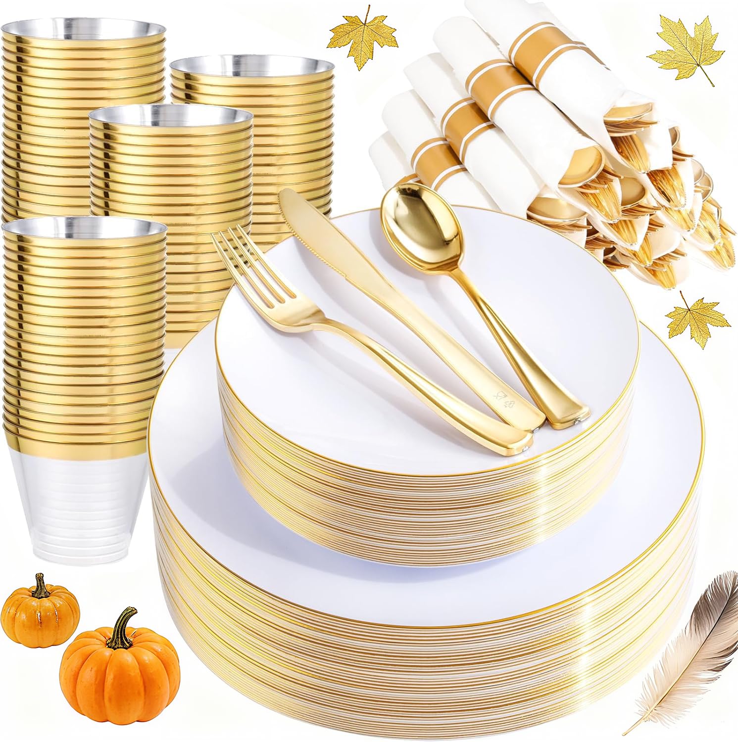 Rubtlamp 140Pcs Thanksgiving Gold Plastic Plates, White Plates with Gold Rim, Disposable Thanksgiving Dinnerware Include 20Dinne